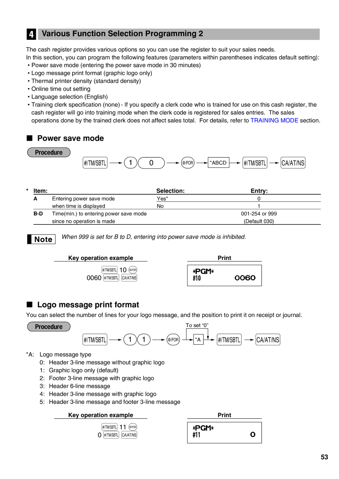 Sharp XE-A21S instruction manual 10 @ *ABCD s a, 11 @, Power save mode, Logo message print format, 10 @ 0060 sA 