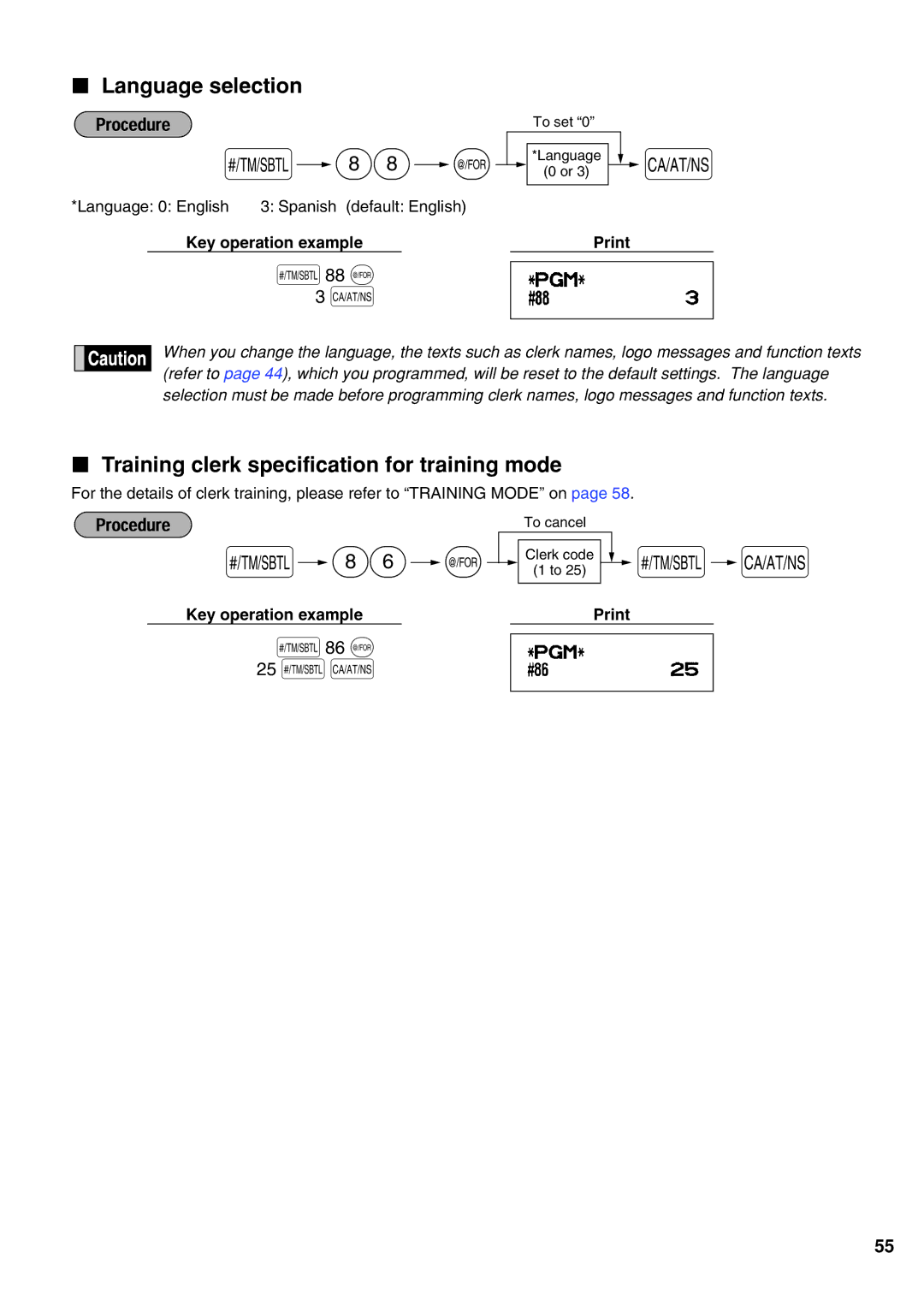 Sharp XE-A21S instruction manual 88 @, 86 @, Language selection, Training clerk specification for training mode 