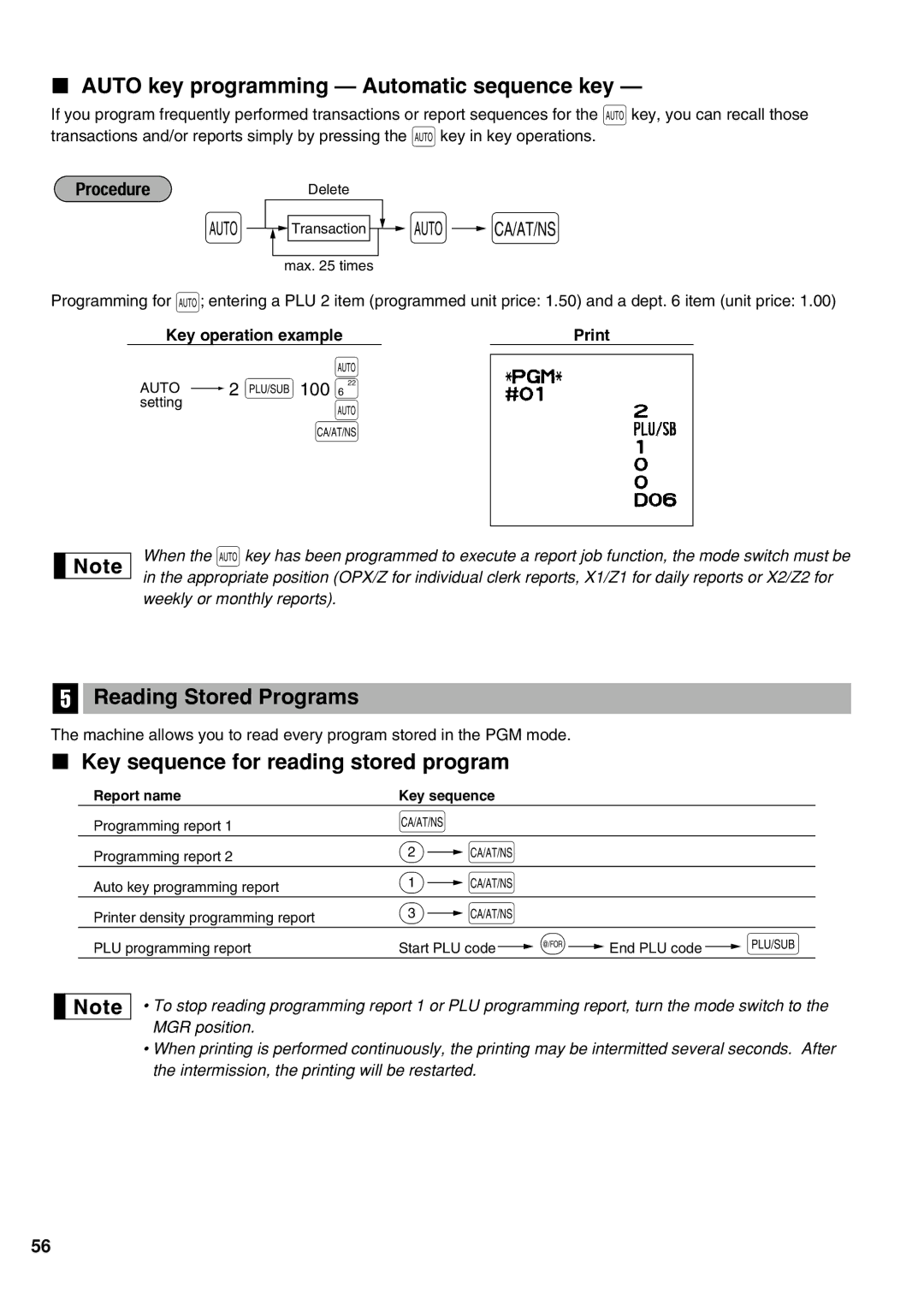 Sharp XE-A21S instruction manual Auto key programming Automatic sequence key, Reading Stored Programs, Auto 2 p100 + 