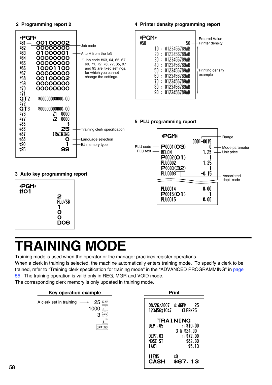 Sharp XE-A21S Training Mode, 1000, Programming report Printer density programming report, Auto key programming report 