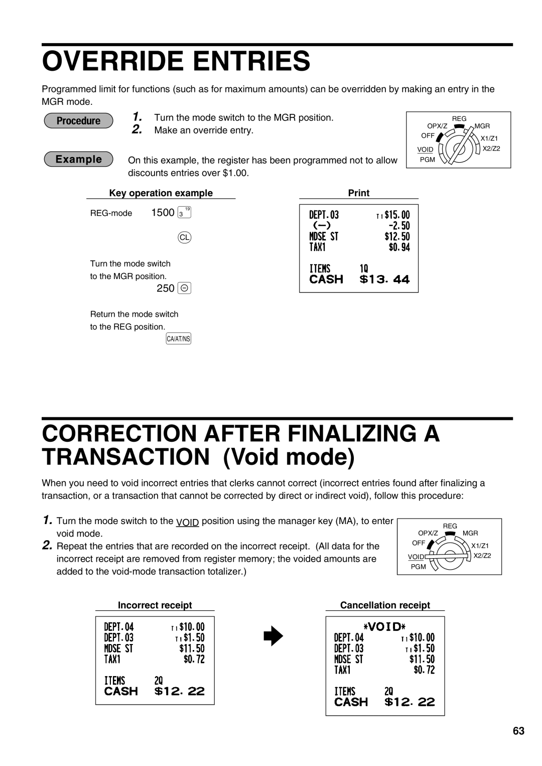 Sharp XE-A21S instruction manual Override Entries, 250, 1500 #, Incorrect receipt Cancellation receipt 