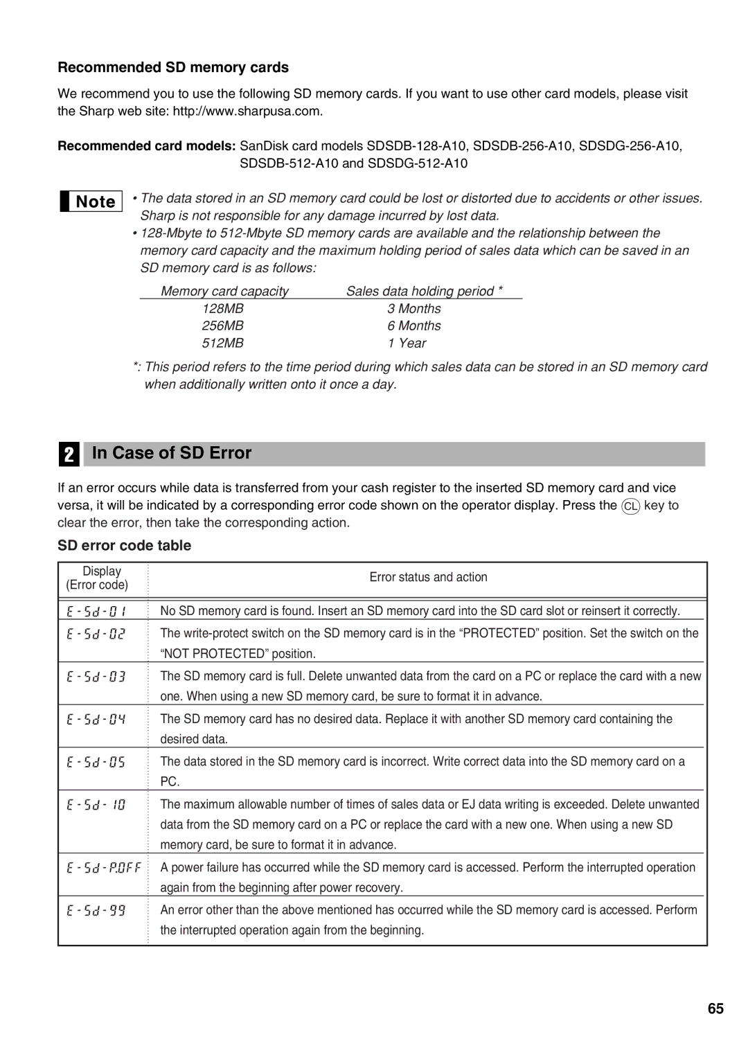 Sharp XE-A21S instruction manual Case of SD Error, Recommended SD memory cards, SD error code table 