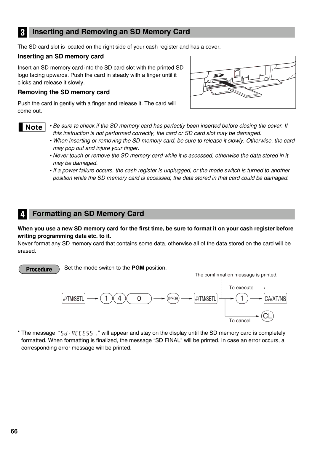 Sharp XE-A21S 140 @ s, Inserting and Removing an SD Memory Card, Formatting an SD Memory Card, Inserting an SD memory card 