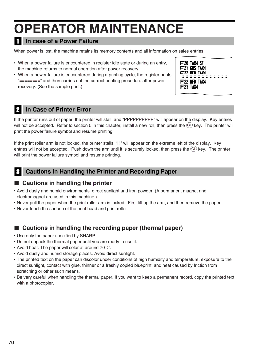 Sharp XE-A21S instruction manual Operator Maintenance, Case of a Power Failure, Case of Printer Error 