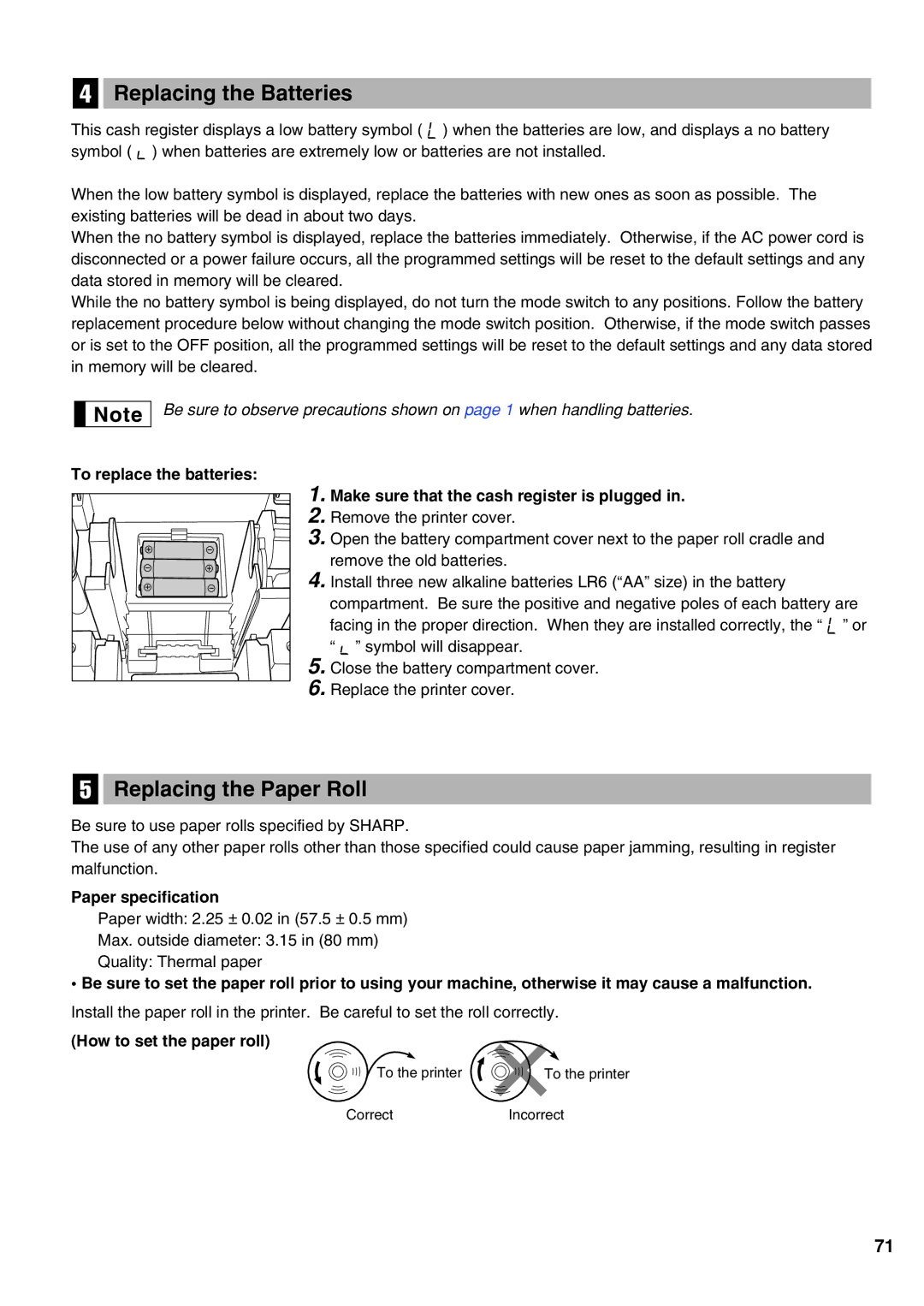 Sharp XE-A21S Replacing the Batteries, Replacing the Paper Roll, Paper specification, How to set the paper roll 