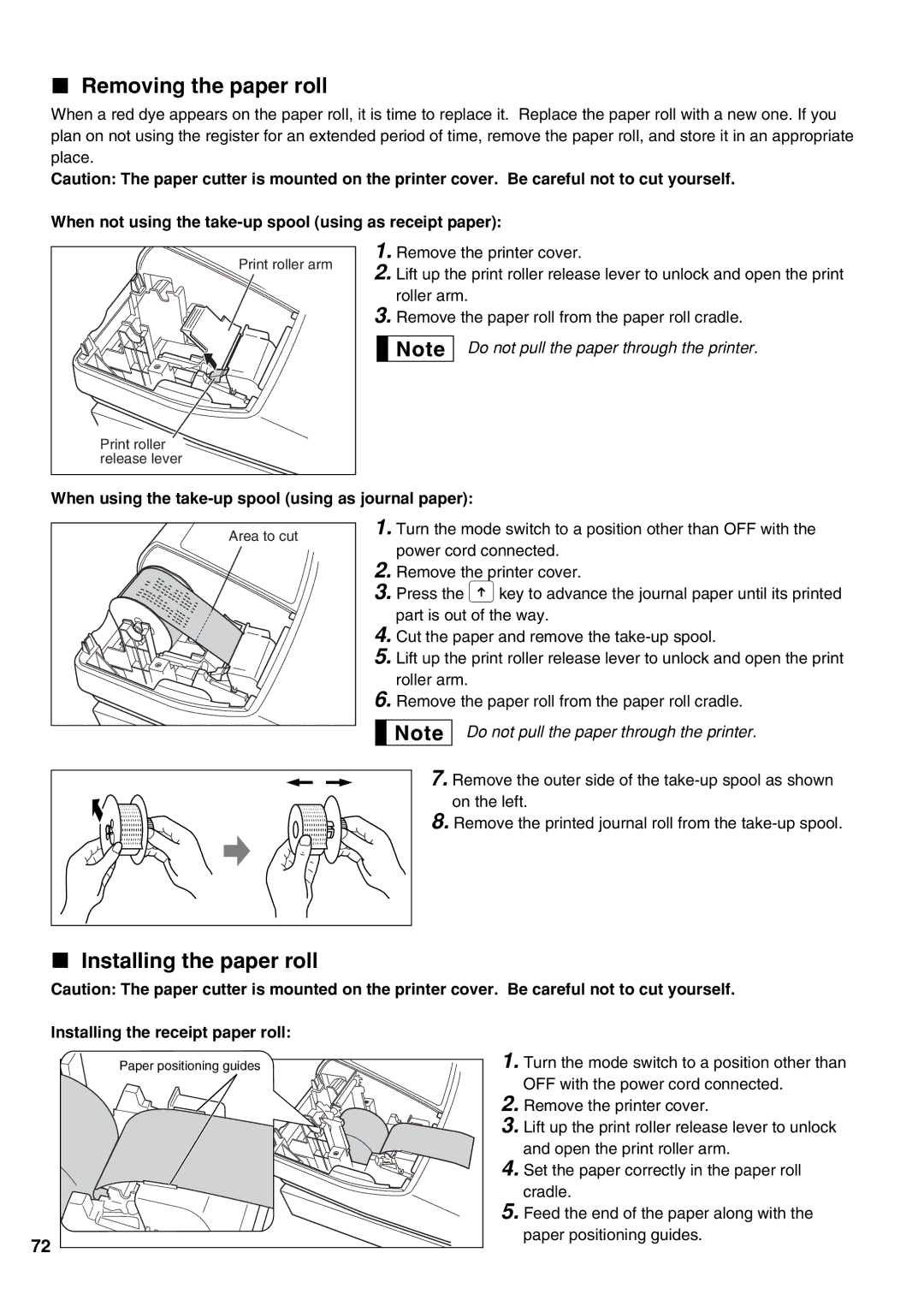 Sharp XE-A21S instruction manual Removing the paper roll, Installing the paper roll, Installing the receipt paper roll 