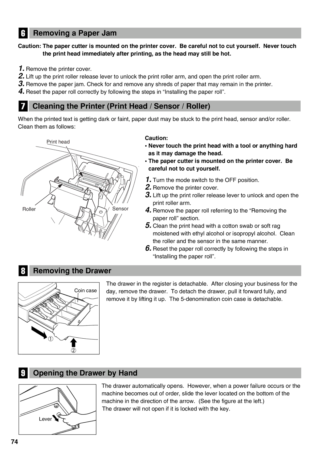 Sharp XE-A21S Removing a Paper Jam, Cleaning the Printer Print Head / Sensor / Roller, Removing the Drawer 