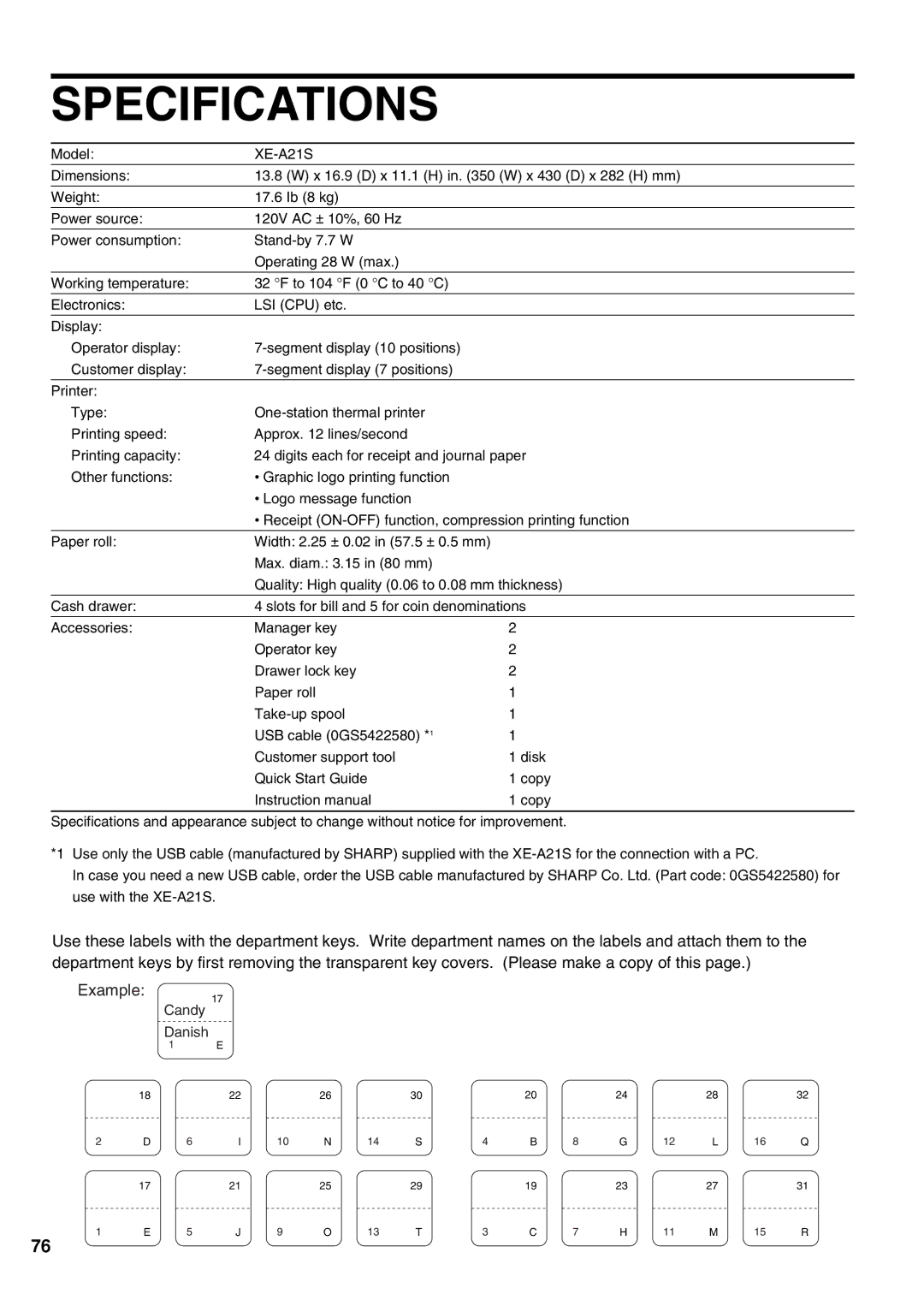 Sharp XE-A21S instruction manual Specifications 