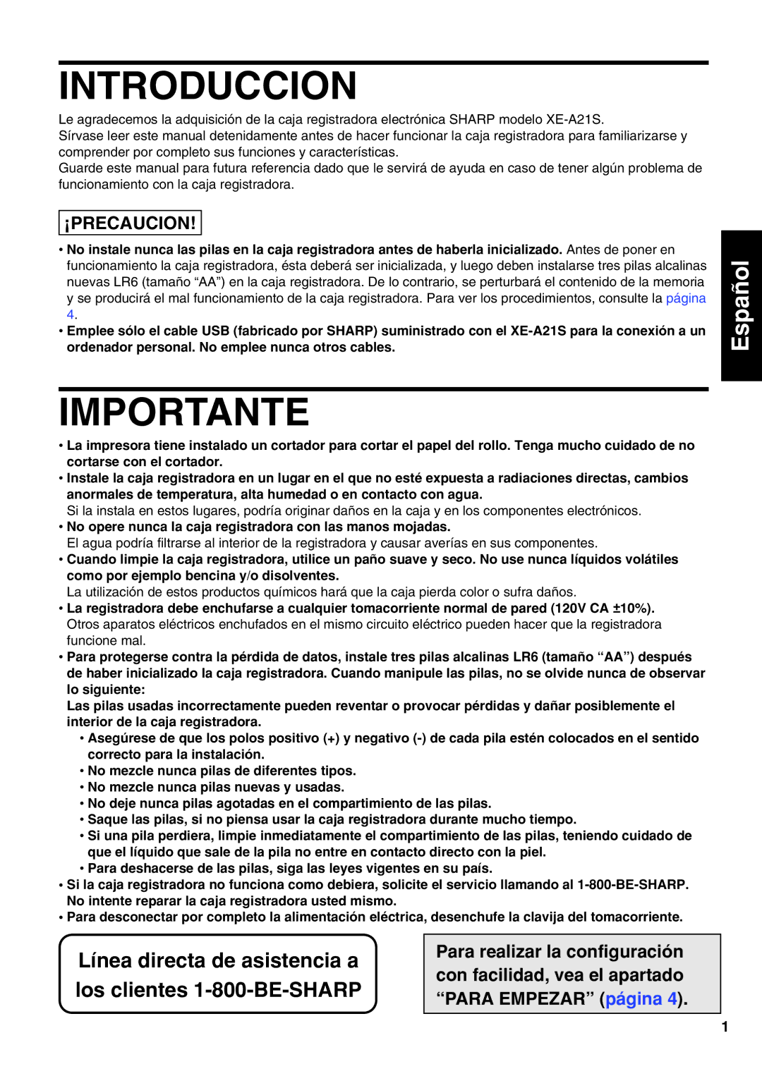 Sharp XE-A21S instruction manual Introduccion, Importante, Para realizar la configuración, Con facilidad, vea el apartado 