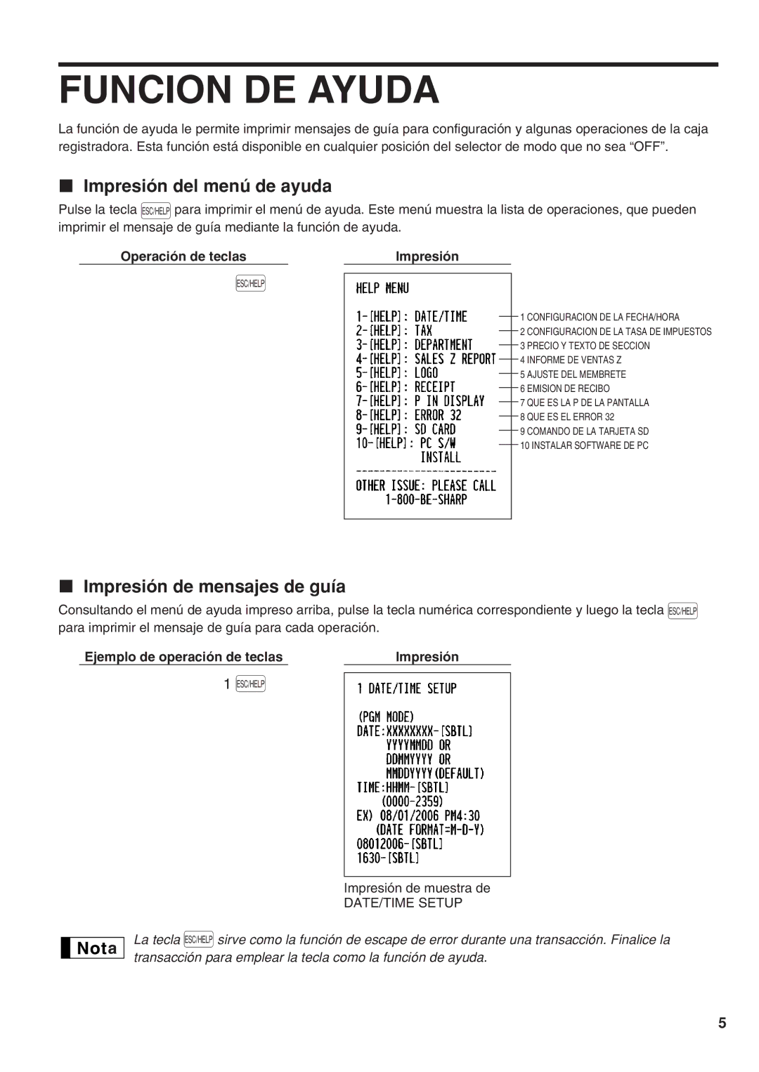 Sharp XE-A21S Funcion DE Ayuda, Impresión del menú de ayuda, Impresión de mensajes de guía, Operación de teclas Impresión 