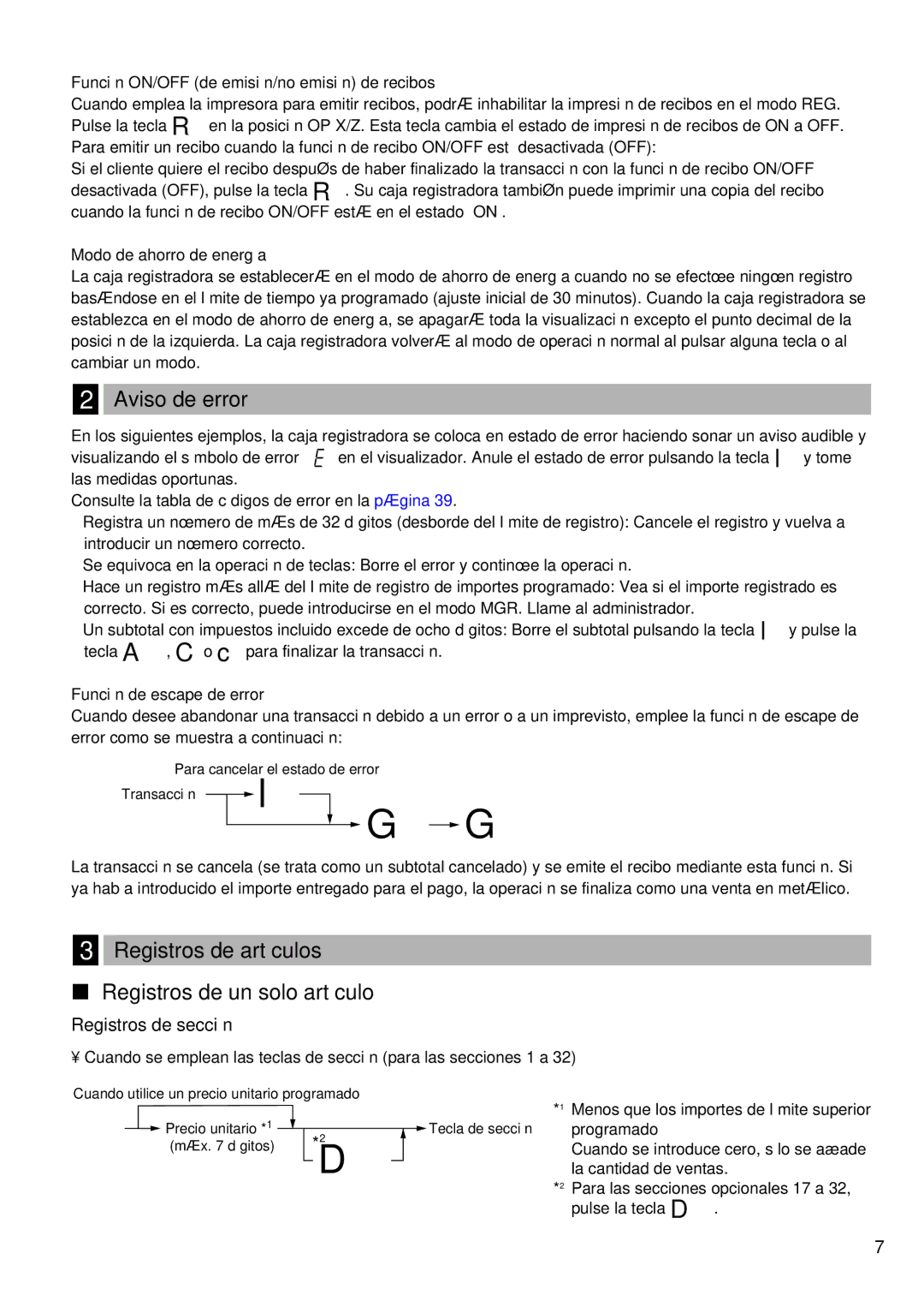 Sharp XE-A21S instruction manual Aviso de error, Registros de artículos Registros de un solo artículo, Registros de sección 