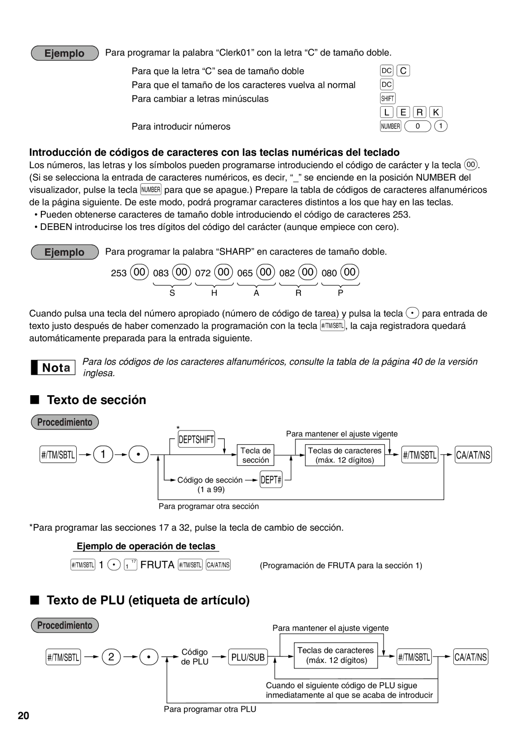 Sharp XE-A21S instruction manual Texto de sección, Texto de PLU etiqueta de artículo, P!FRUTA sA 