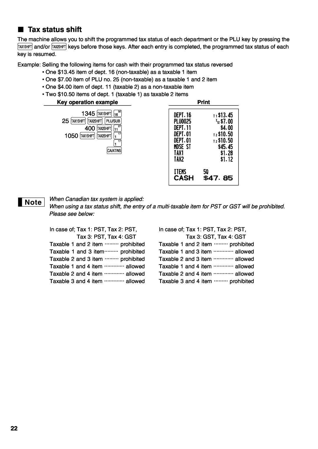 Sharp XE-A21S instruction manual TUp 400 U, Tax status shift, 1345 T, 1050 TU, Key operation example, Print 