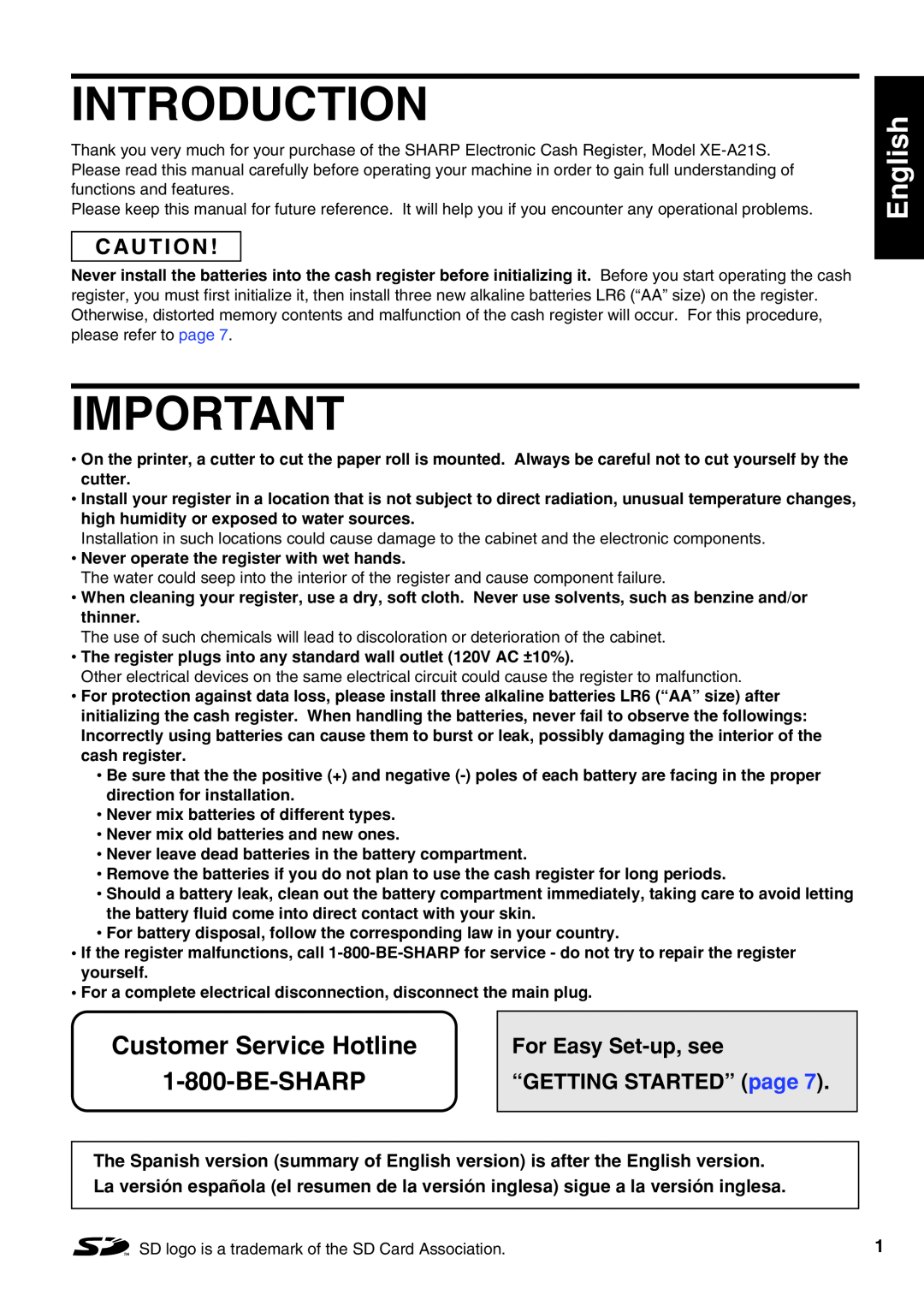 Sharp XE-A21S Introduction, English English, Customer Service Hotline, C A U T I O N, For Easy Set-up, see, Be-Sharp 