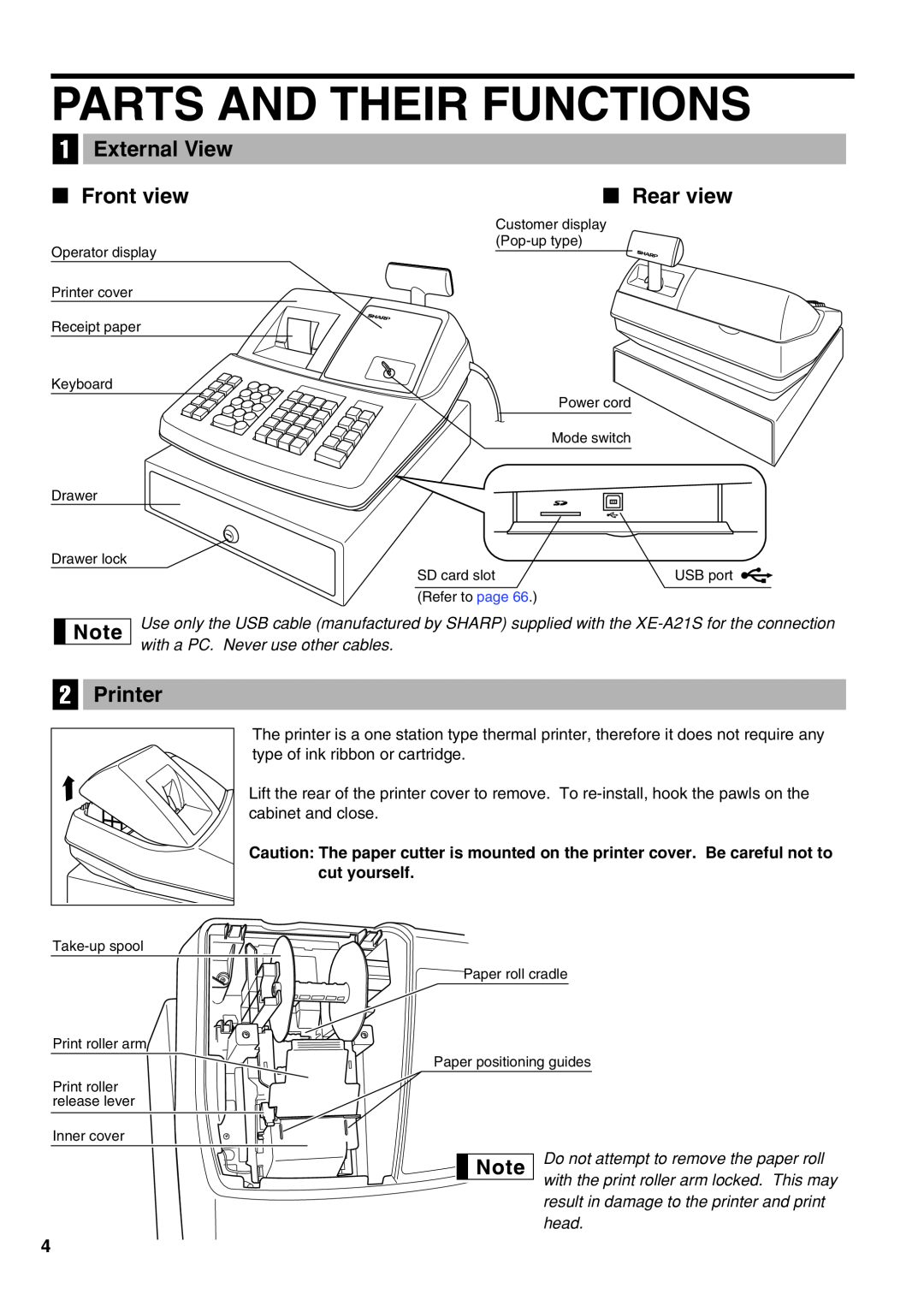Sharp XE-A21S instruction manual Parts And Their Functions, External View, Front view, Printer, Rear view 