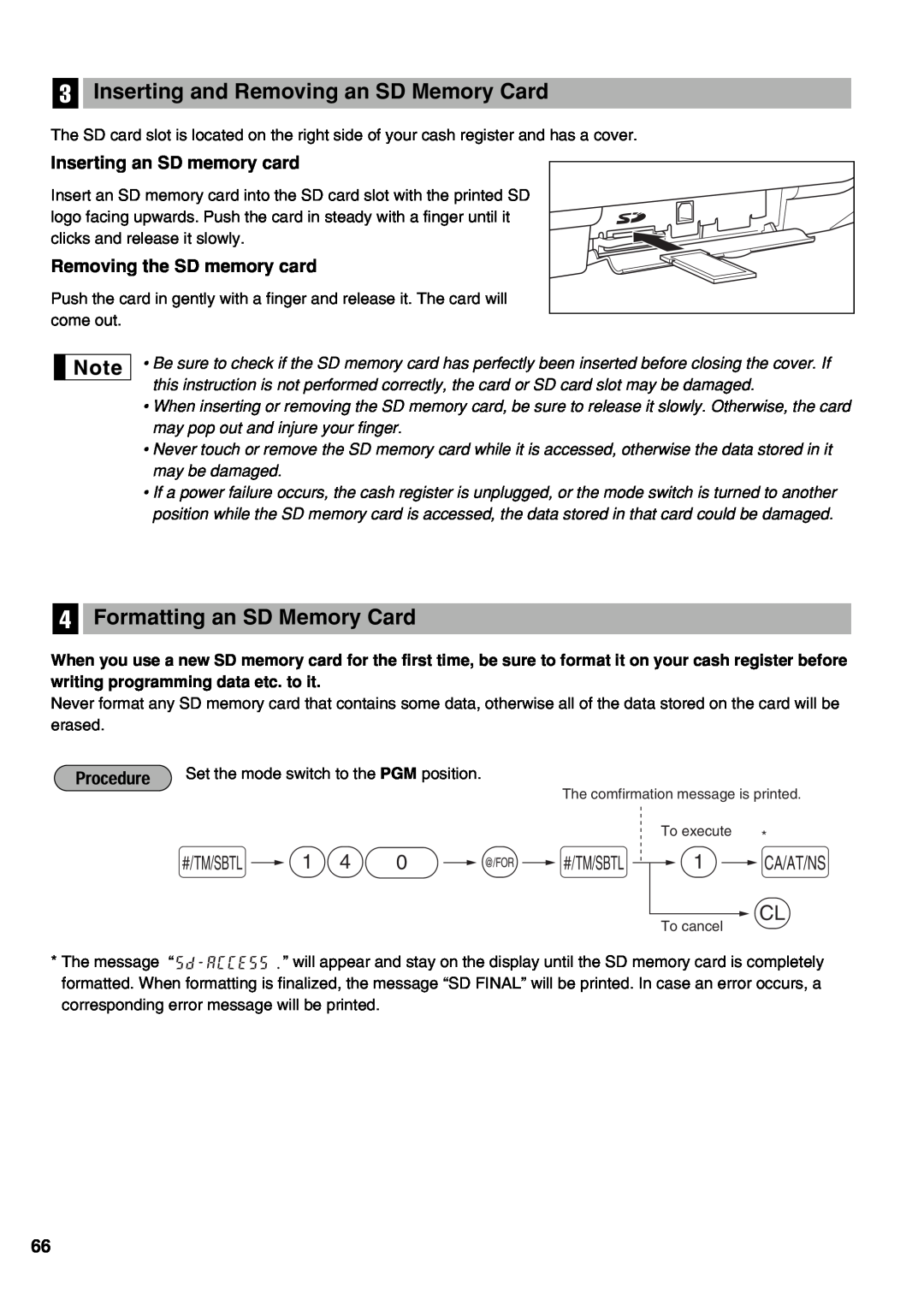 Sharp XE-A21S instruction manual s 140 @ s, Inserting and Removing an SD Memory Card, Formatting an SD Memory Card 