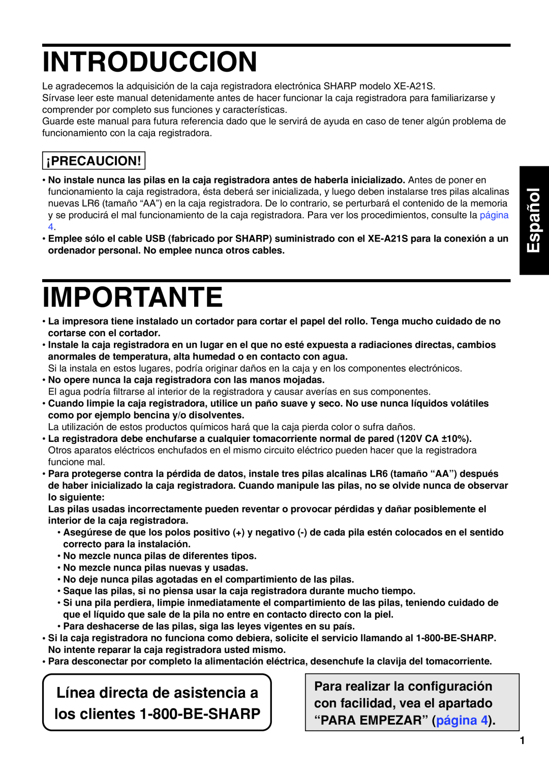 Sharp XE-A21S Introduccion, Importante, English Español, Línea directa de asistencia a, los clientes 1-800-BE-SHARP 