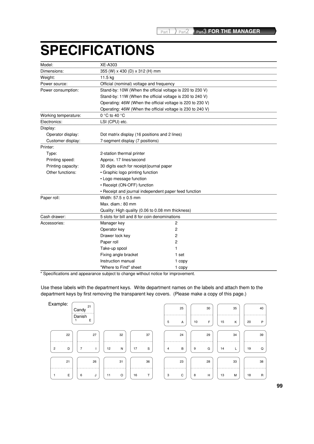 Sharp XE-A303 instruction manual Specifications 