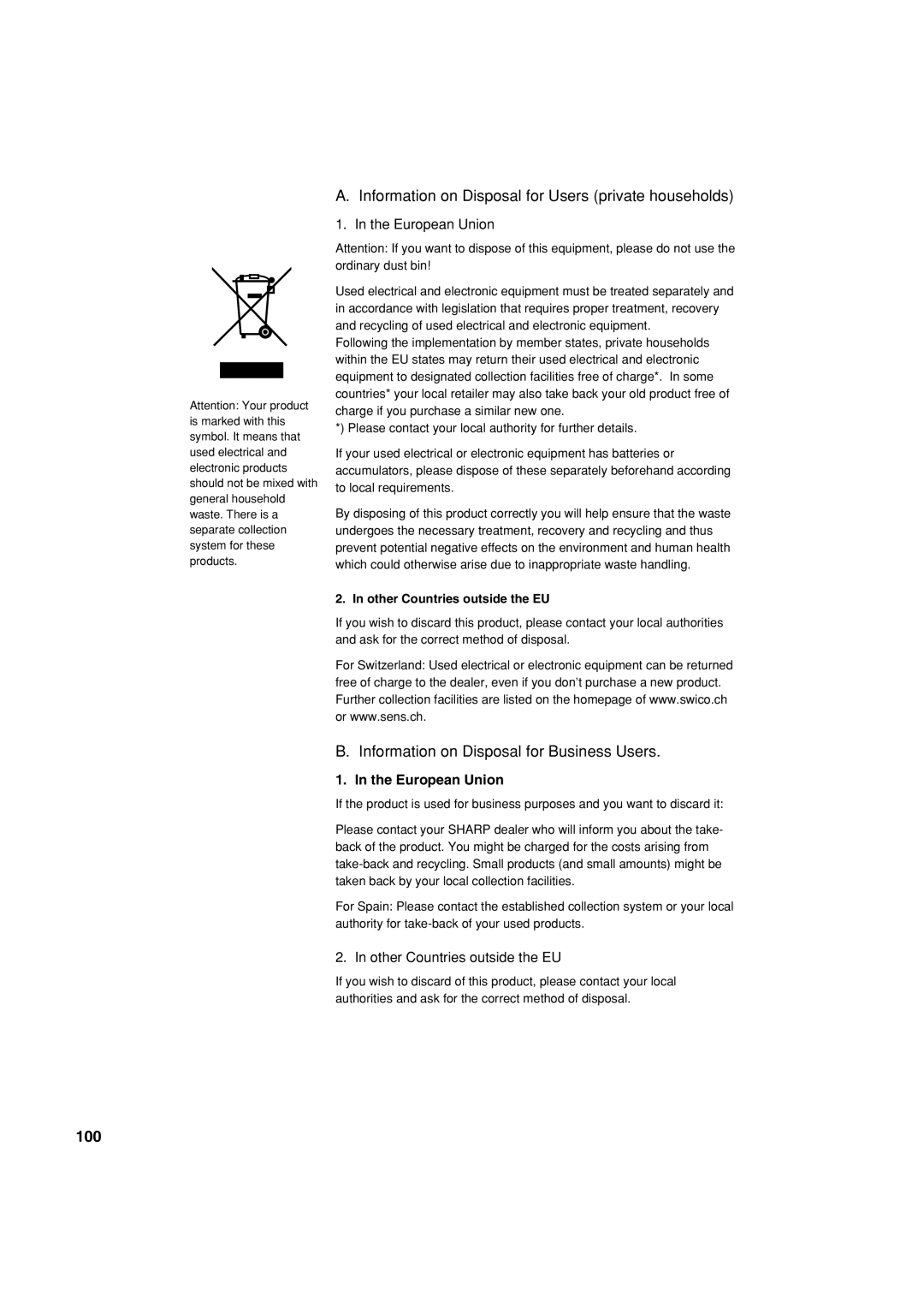 Sharp XE-A303 Information on Disposal for Users private households, Information on Disposal for Business Users, 100 