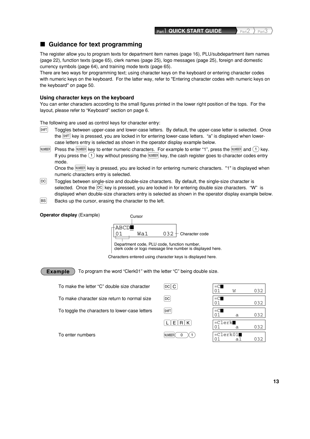 Sharp XE-A303 Guidance for text programming, Using character keys on the keyboard, Operator display Example 