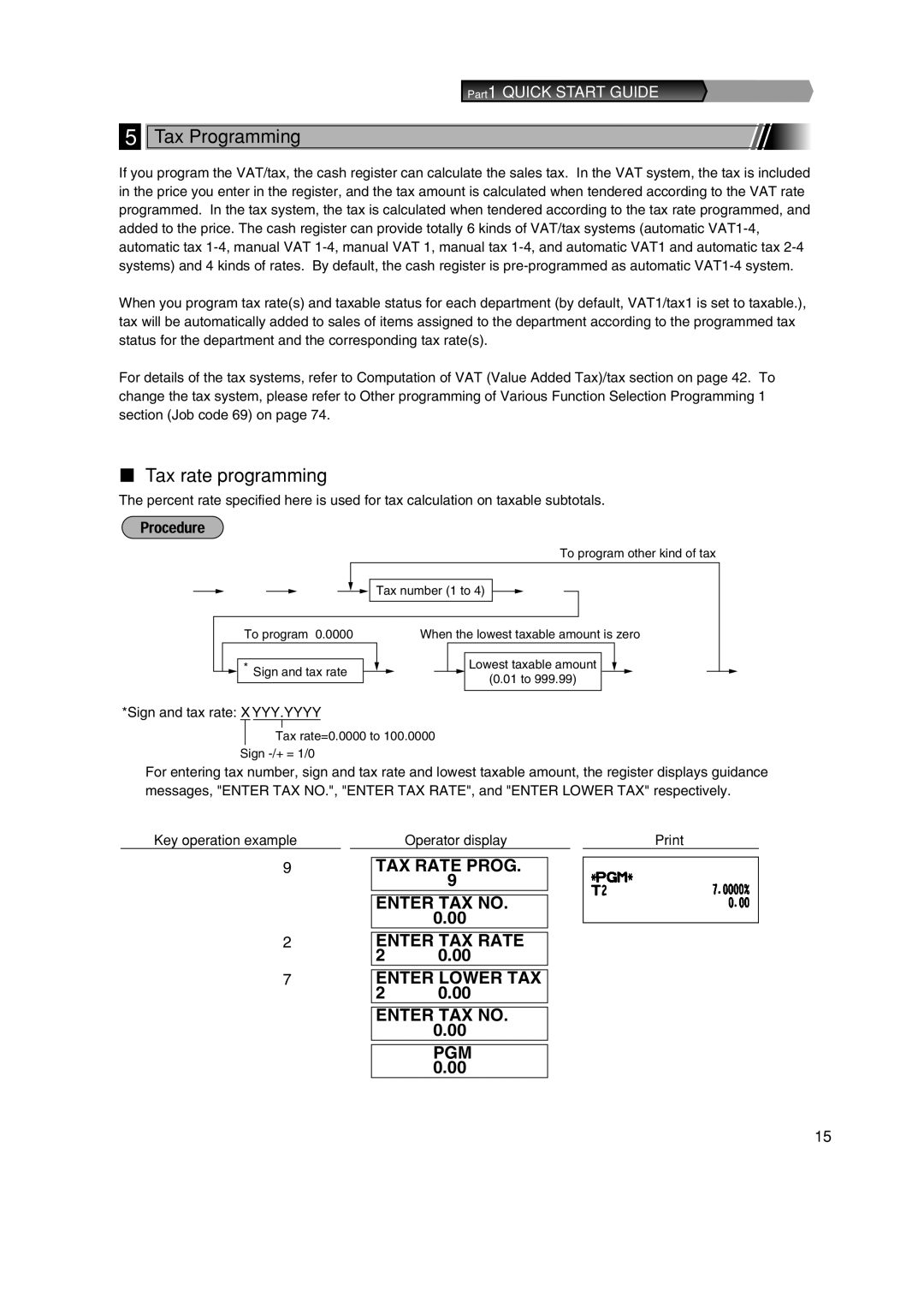 Sharp XE-A303 instruction manual S9 @, Tax Programming, Tax rate programming, Key operation example, Operator display Print 