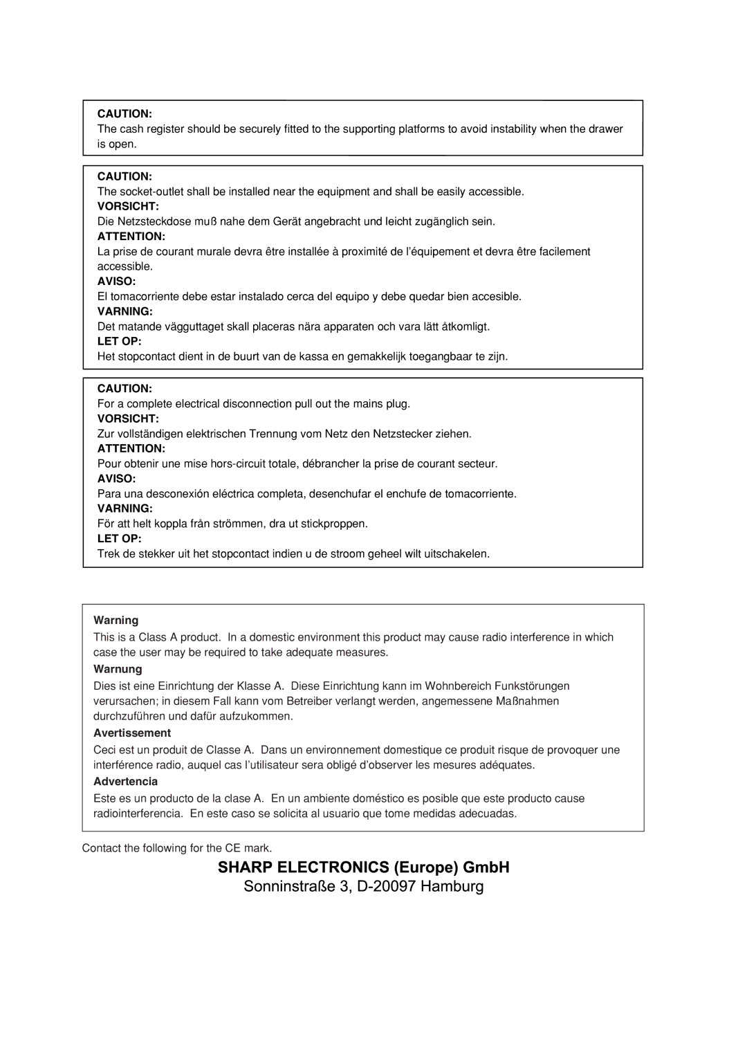 Sharp XE-A303 instruction manual Warnung, Avertissement, Advertencia 