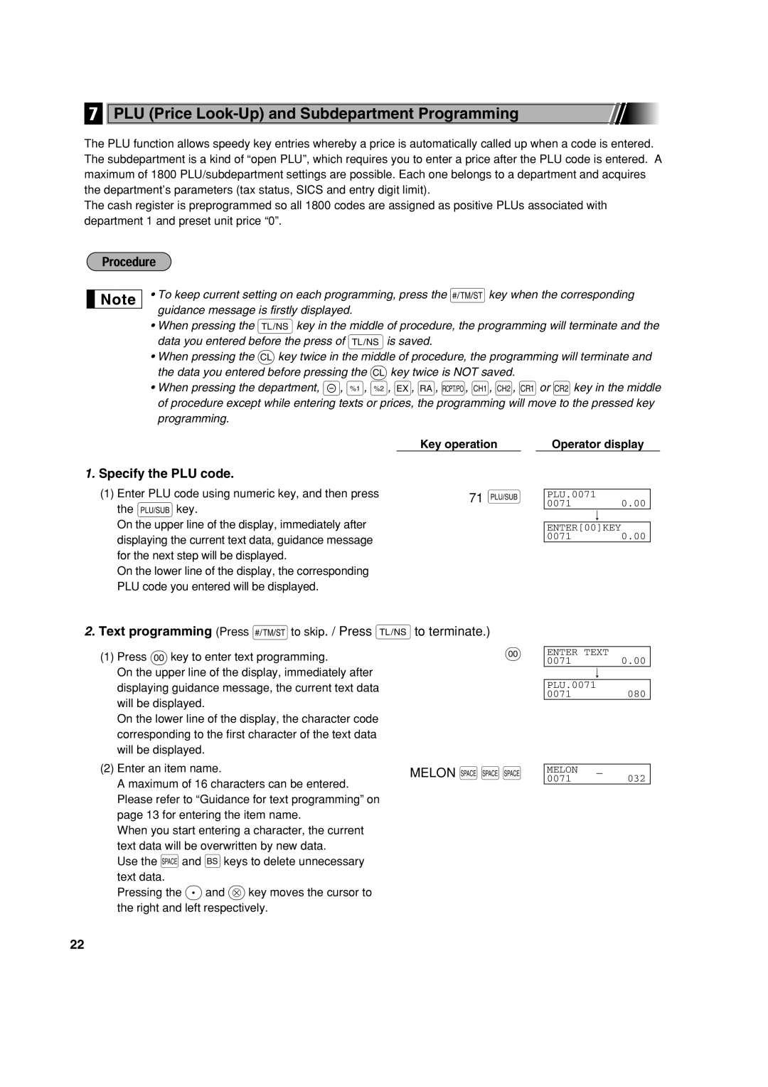Sharp XE-A303 PLU Price Look-Up and Subdepartment Programming, Specify the PLU code, 71 p, Key operation Operator display 