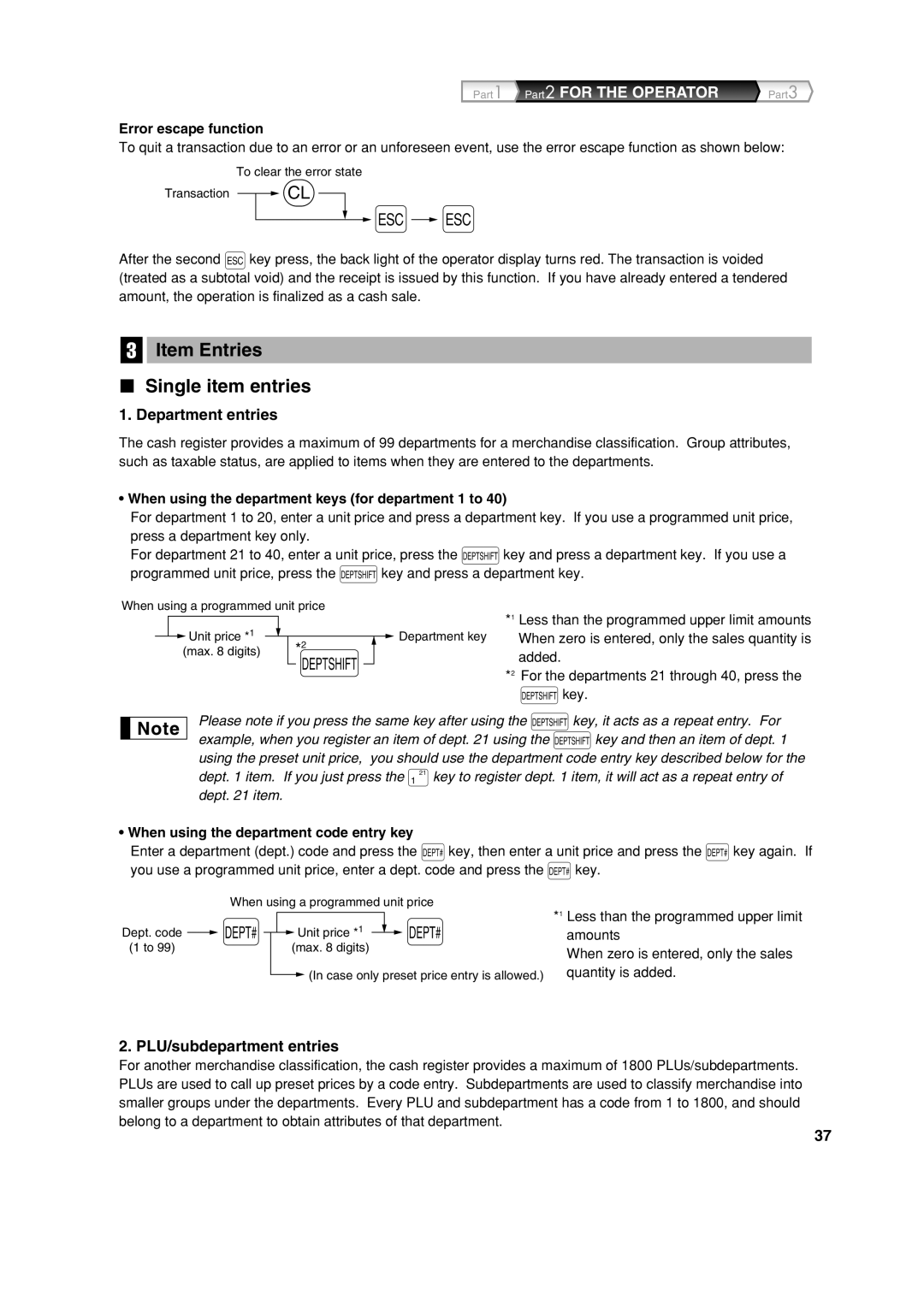 Sharp XE-A303 instruction manual Item Entries Single item entries, Department entries, PLU/subdepartment entries 