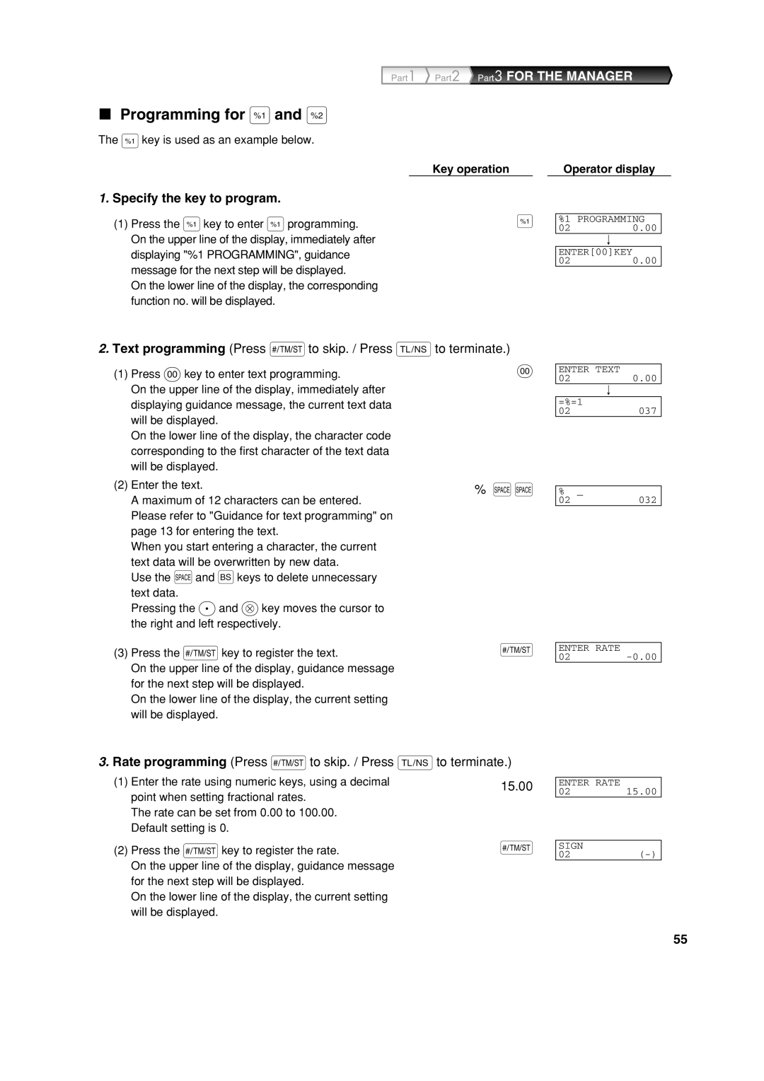 Sharp XE-A303 instruction manual Programming for %and, Rate programming Press sto skip. / Press Ato terminate, 15.00 