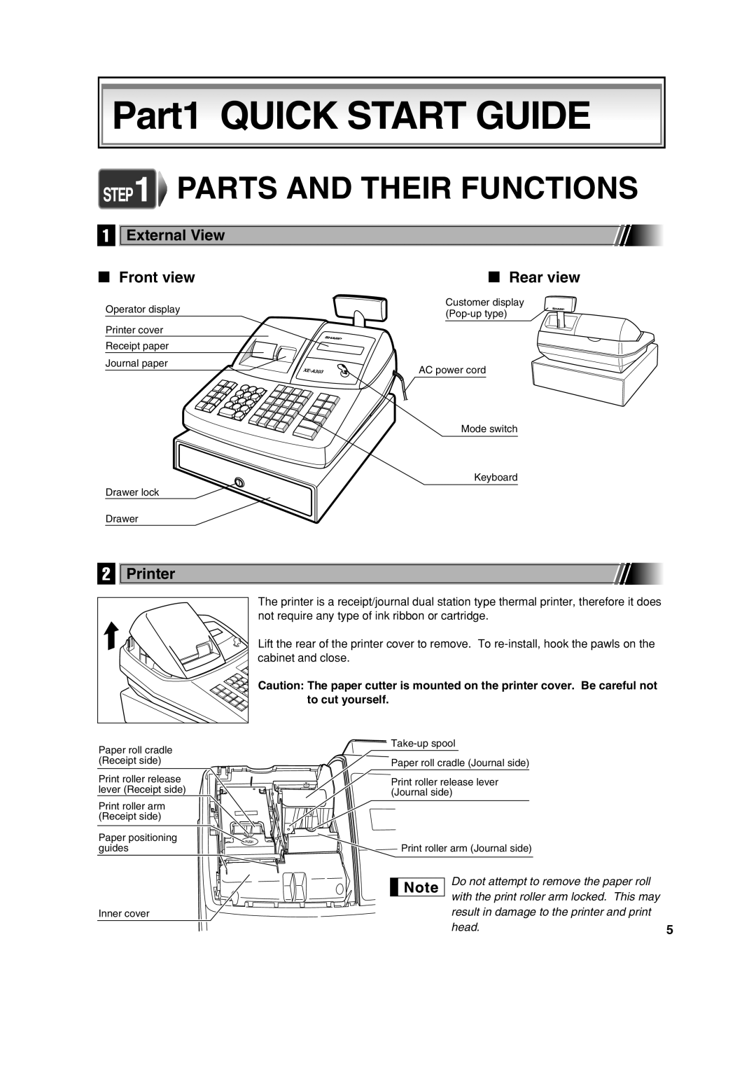 Sharp XE-A303 instruction manual External View Front view Rear view, Printer 