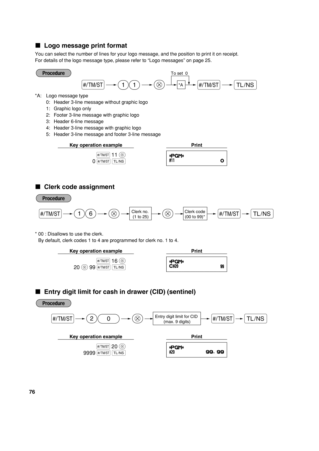 Sharp XE-A303 Logo message print format, Clerk code assignment, Entry digit limit for cash in drawer CID sentinel 