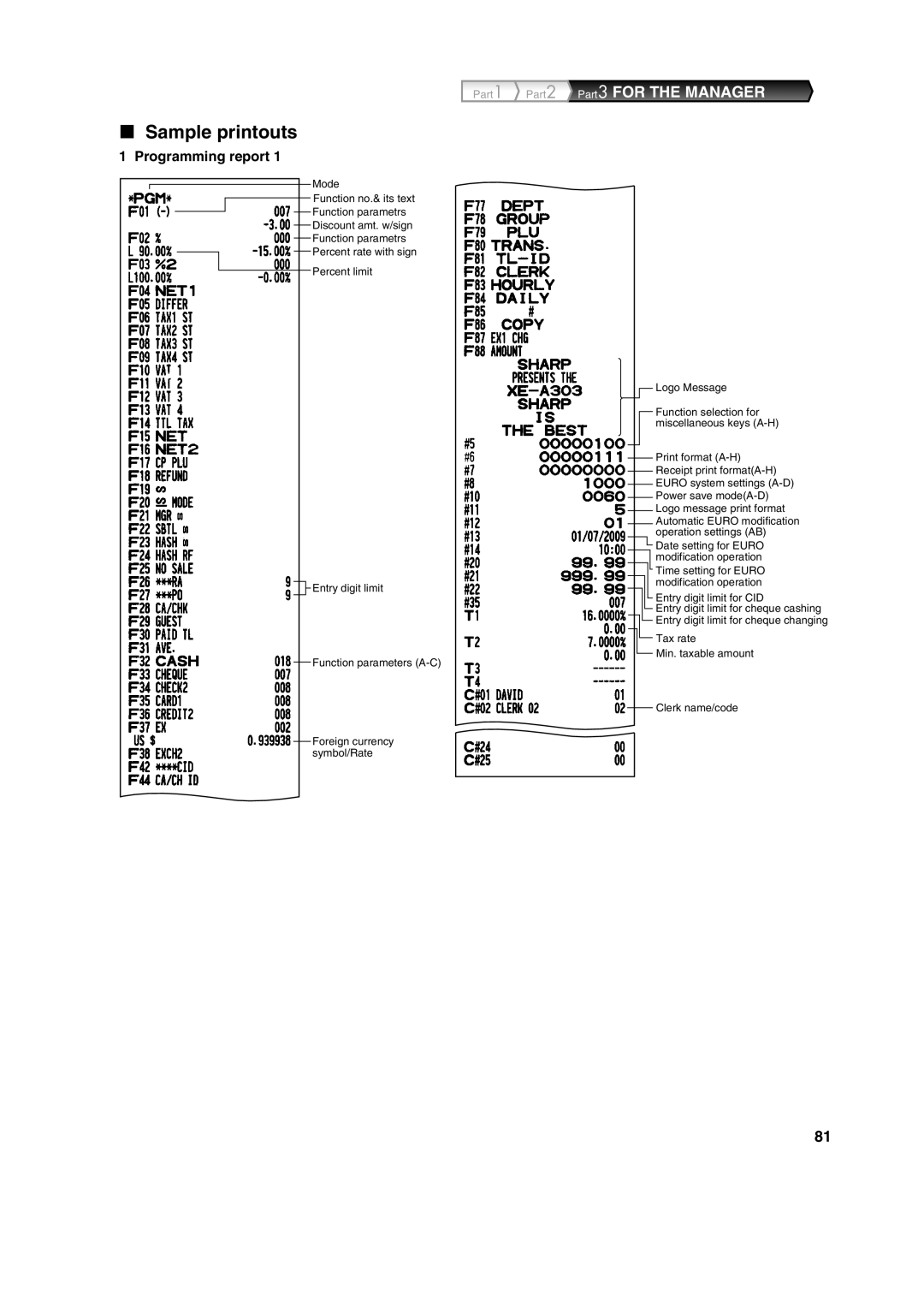 Sharp XE-A303 instruction manual Sample printouts, Programming report 