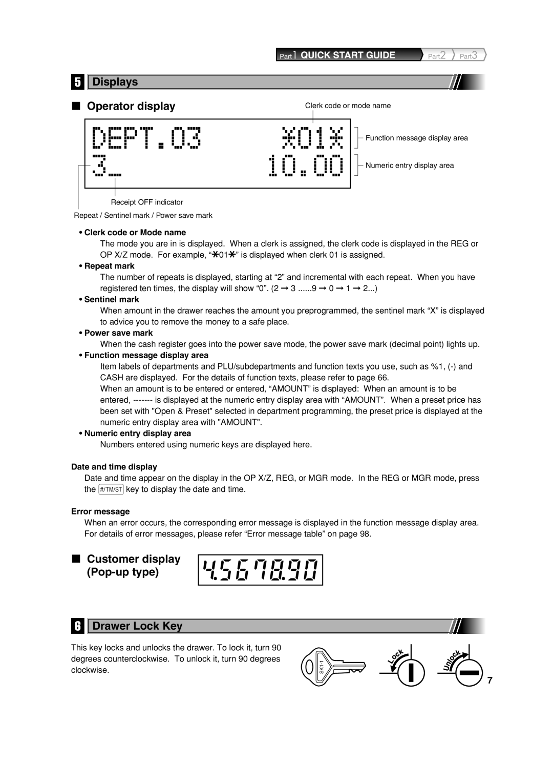 Sharp XE-A303 instruction manual Displays Operator display, Customer display Pop-up type Drawer Lock Key 