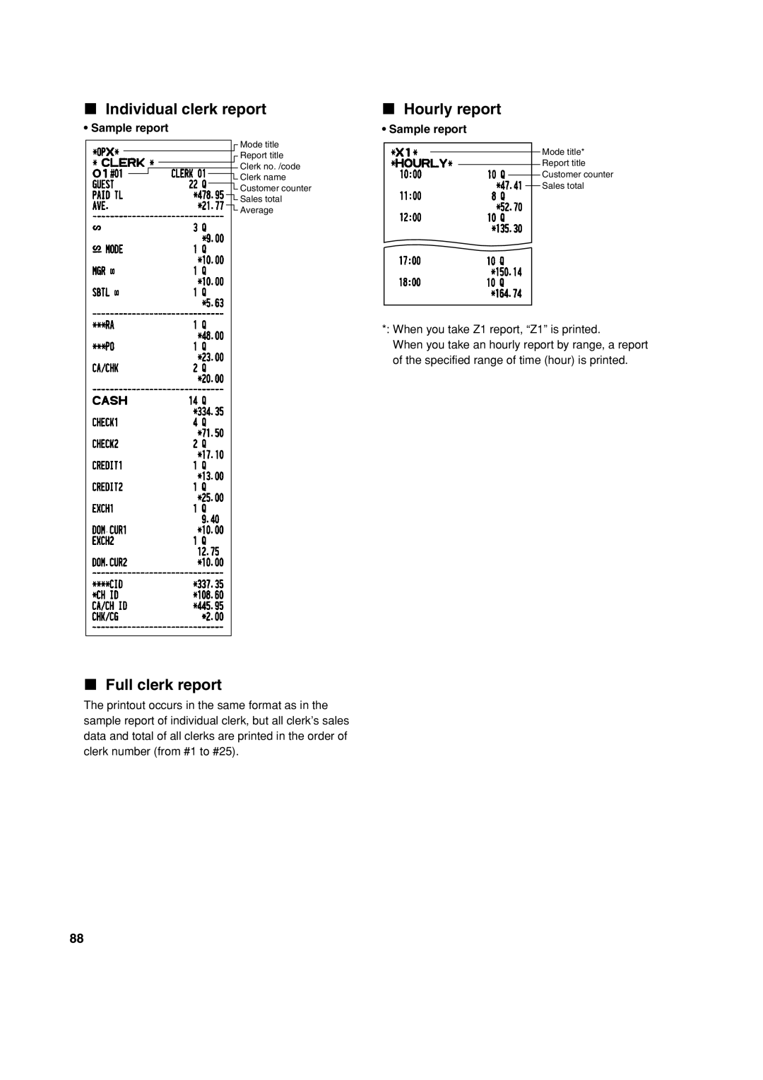 Sharp XE-A303 instruction manual Individual clerk report, Full clerk report Hourly report 