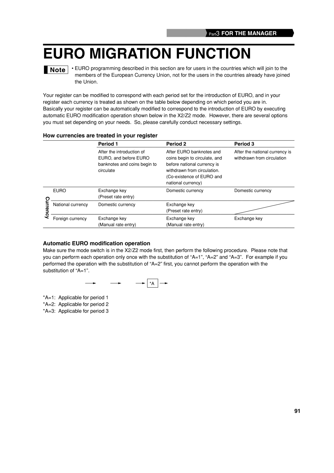 Sharp XE-A303 Euro Migration Function, How currencies are treated in your register, Automatic Euro modification operation 