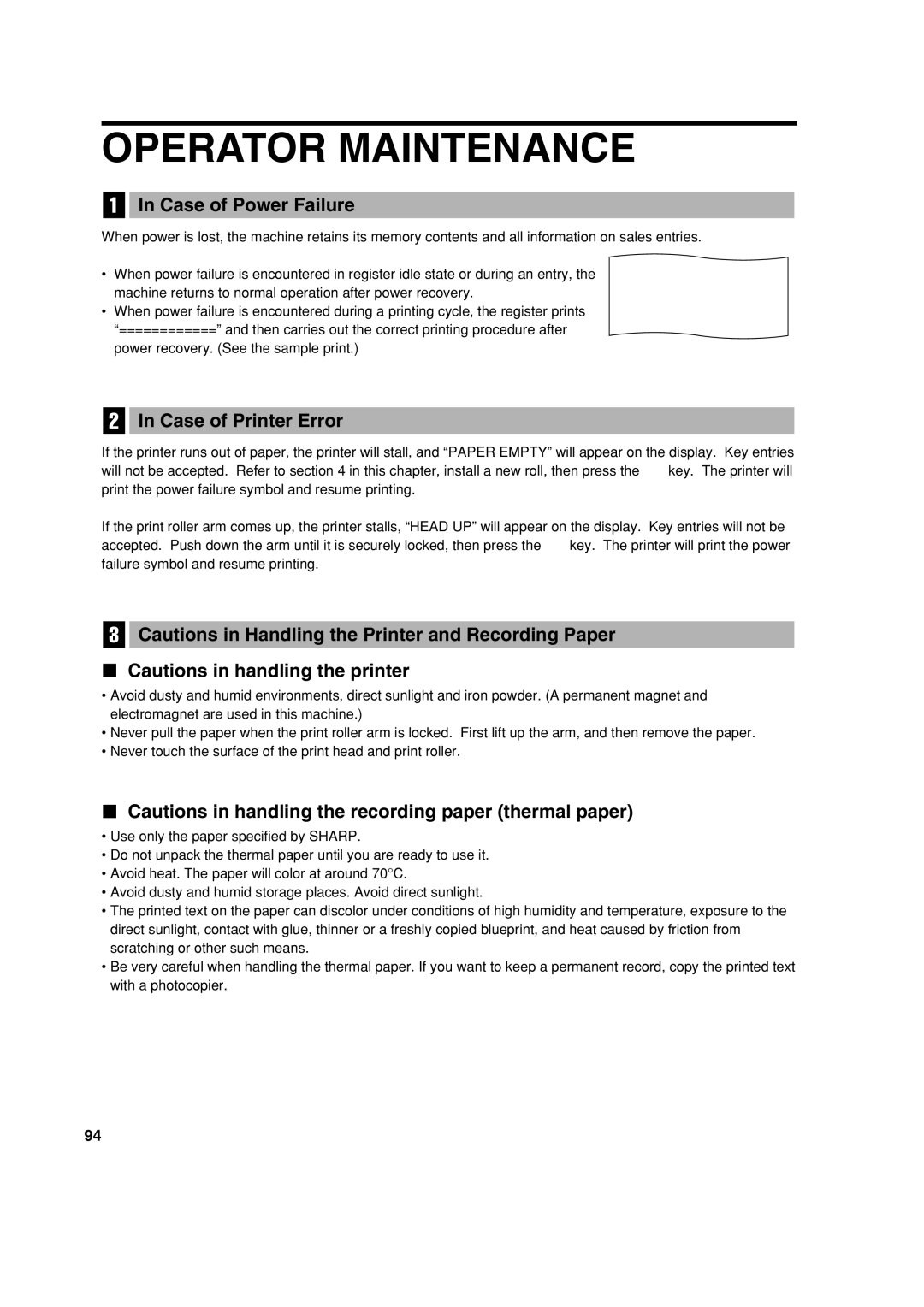 Sharp XE-A303 instruction manual Operator Maintenance, Case of Power Failure, Case of Printer Error 