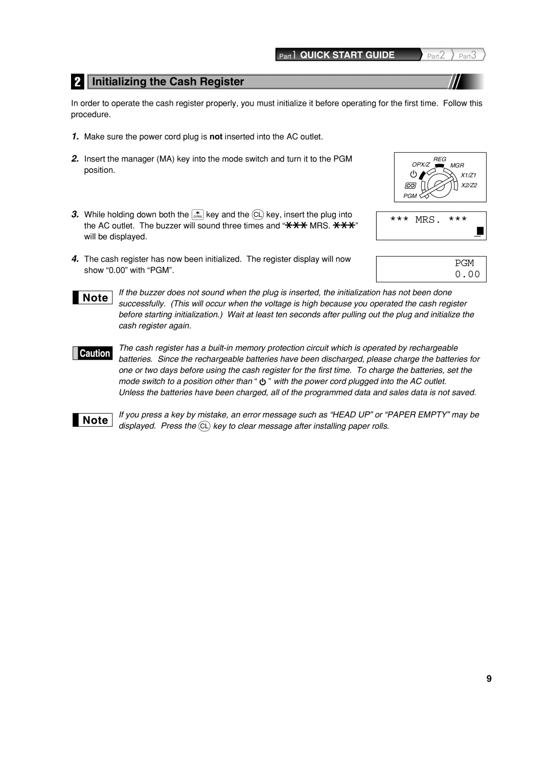 Sharp XE-A303 instruction manual Initializing the Cash Register, Mrs Pgm 