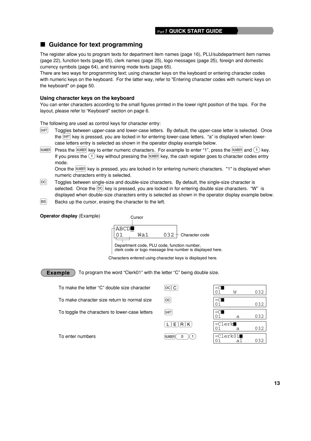 Sharp XE-A303 Guidance for text programming, Using character keys on the keyboard, Operator display Example 