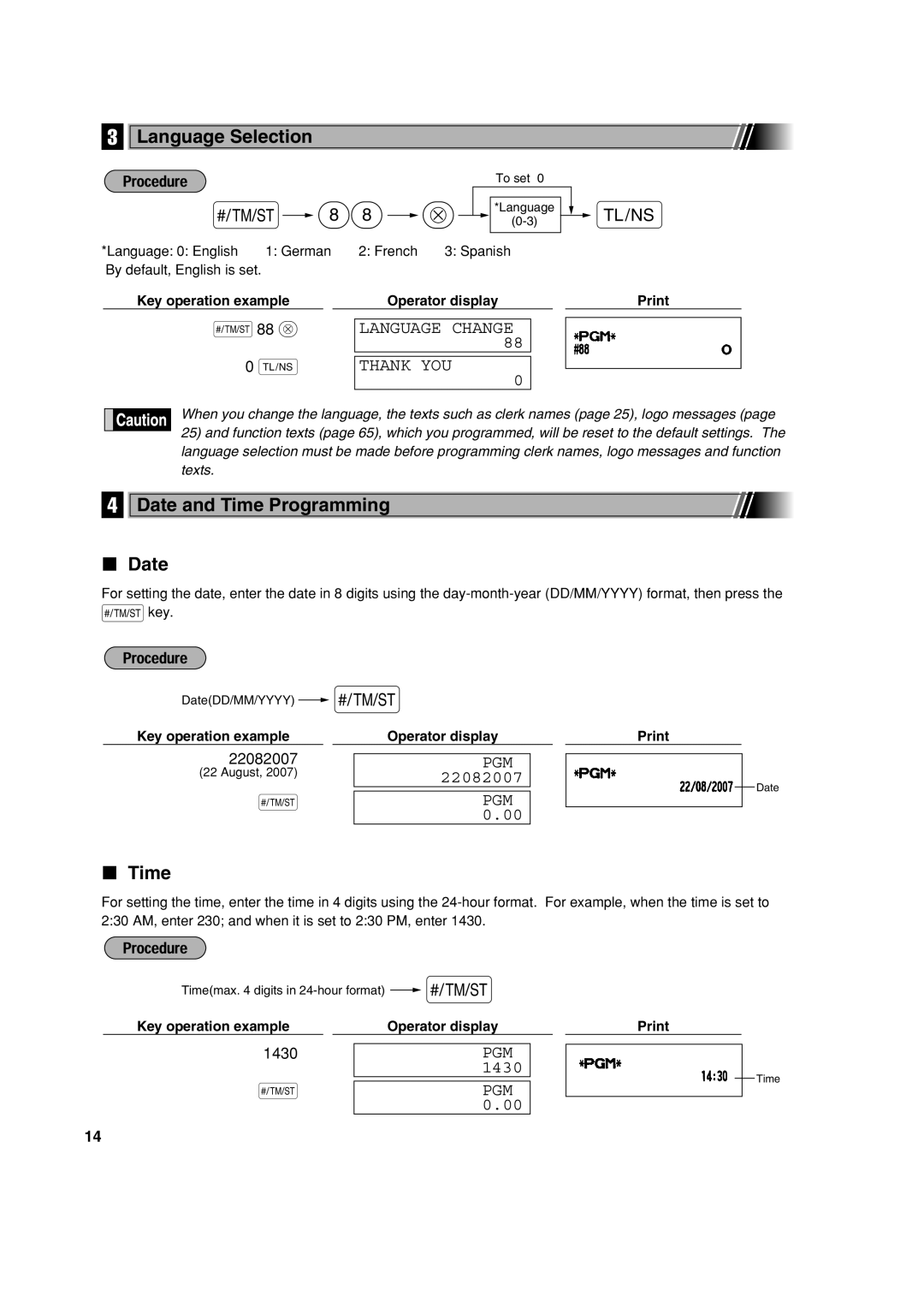 Sharp XE-A303 instruction manual Language Selection, Date and Time Programming, 1430 