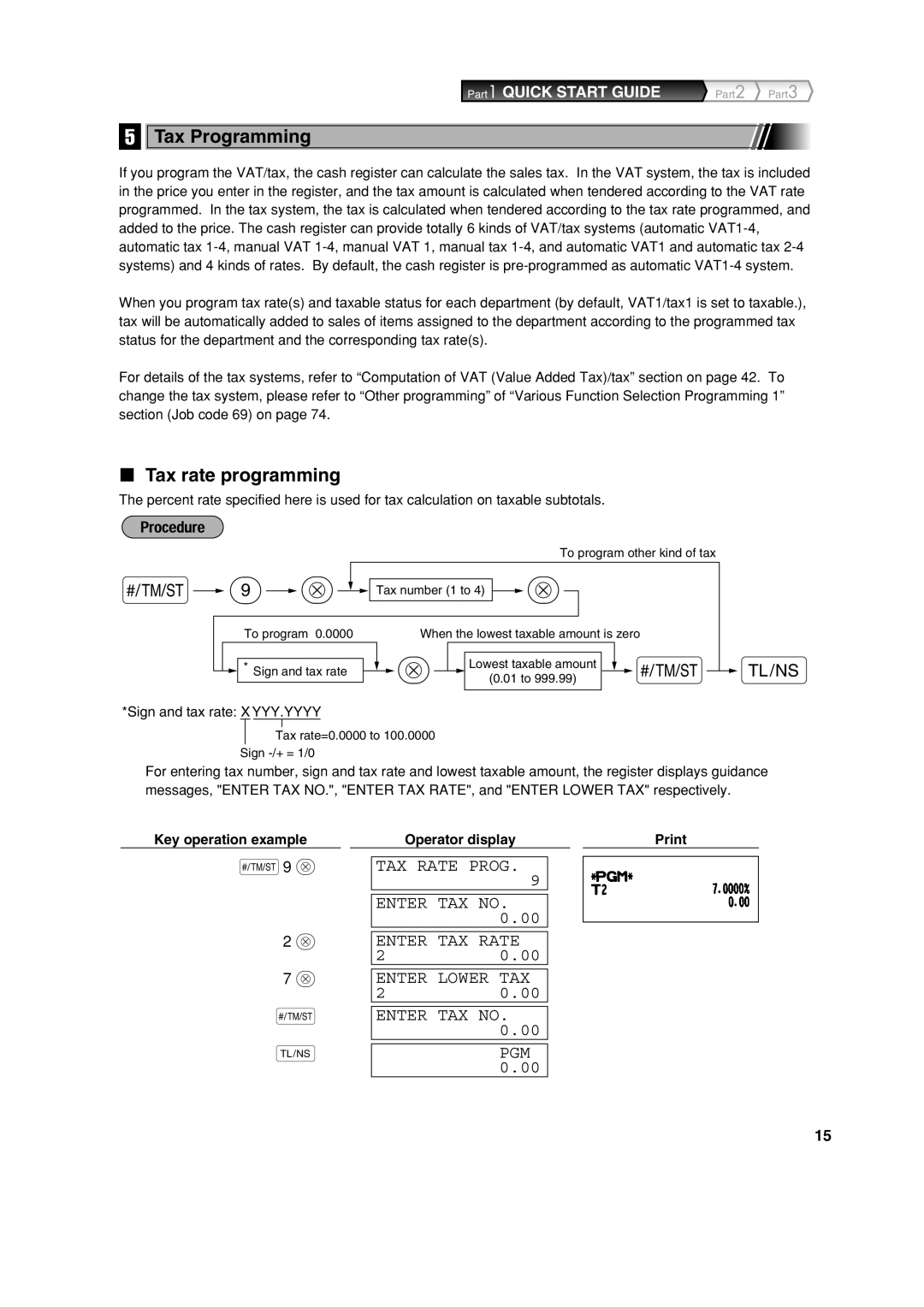 Sharp XE-A303 instruction manual S9 @, Tax Programming, Tax rate programming, Key operation example, Operator display Print 