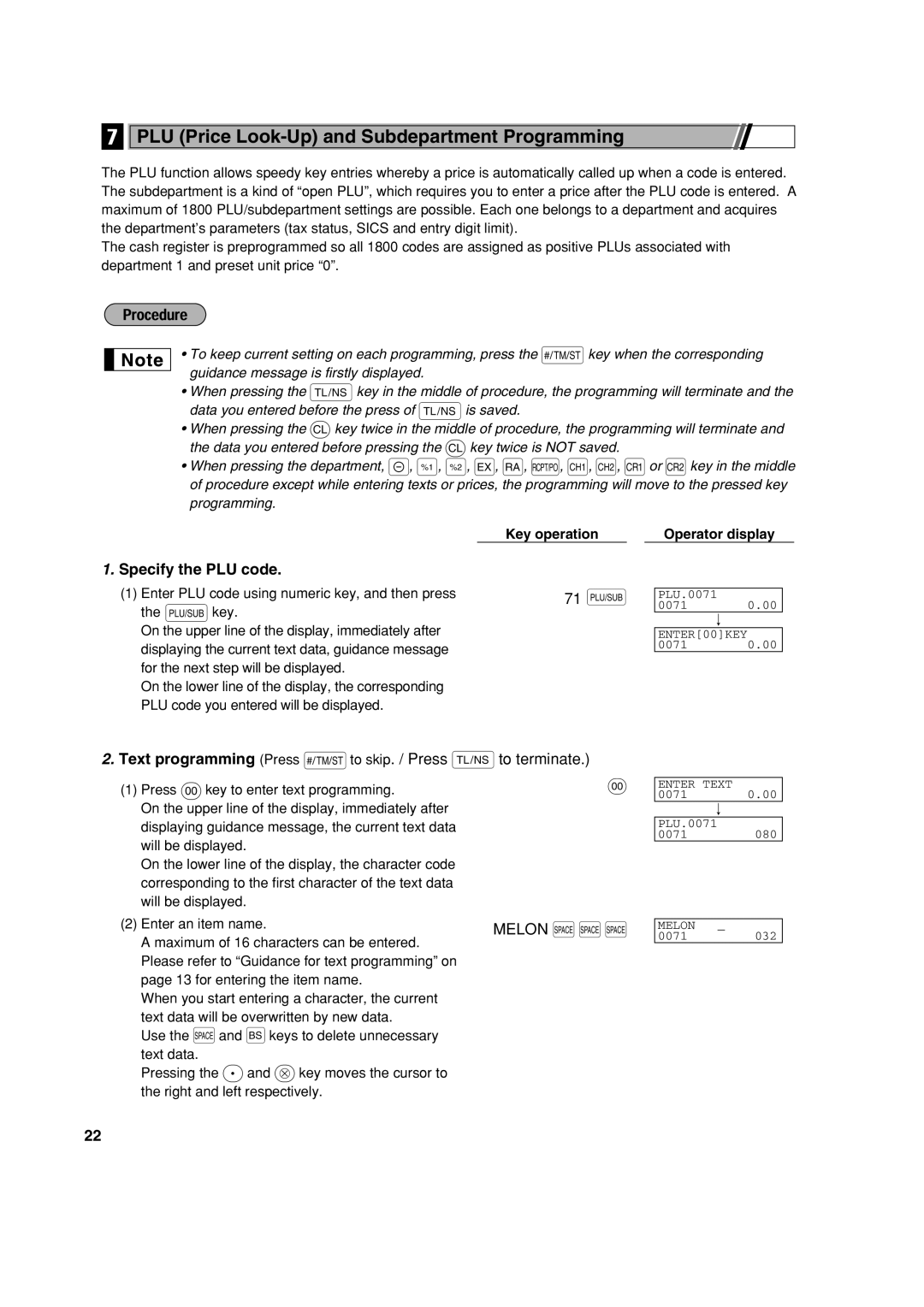 Sharp XE-A303 PLU Price Look-Up and Subdepartment Programming, Specify the PLU code, 71 p, Key operation Operator display 