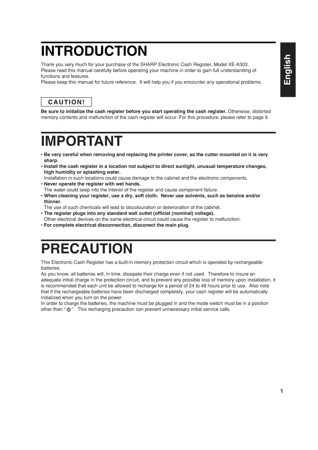 Sharp XE-A303 instruction manual Introduction, Precaution, U T I O N, Never operate the register with wet hands 