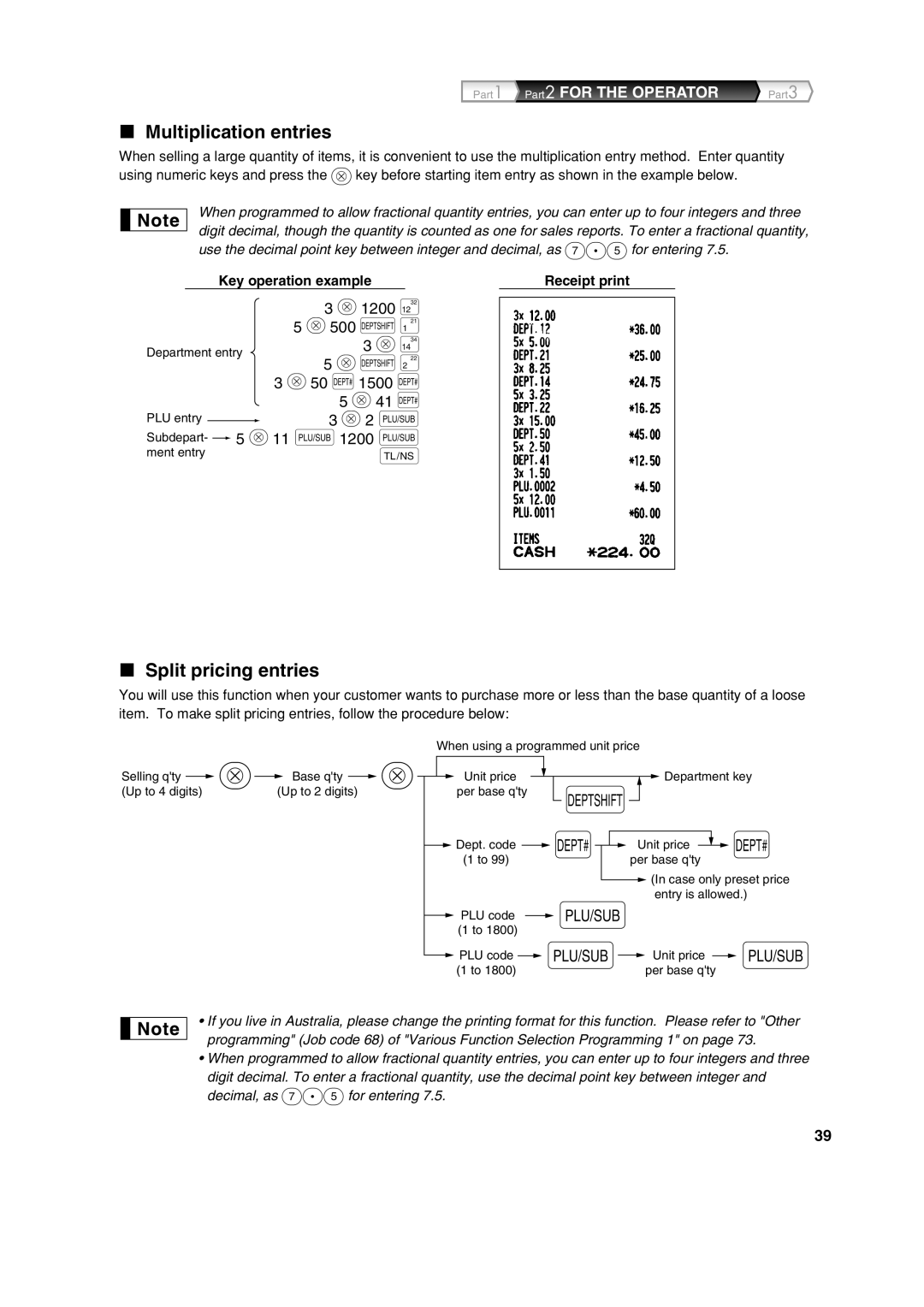 Sharp XE-A303 instruction manual Multiplication entries, Split pricing entries 