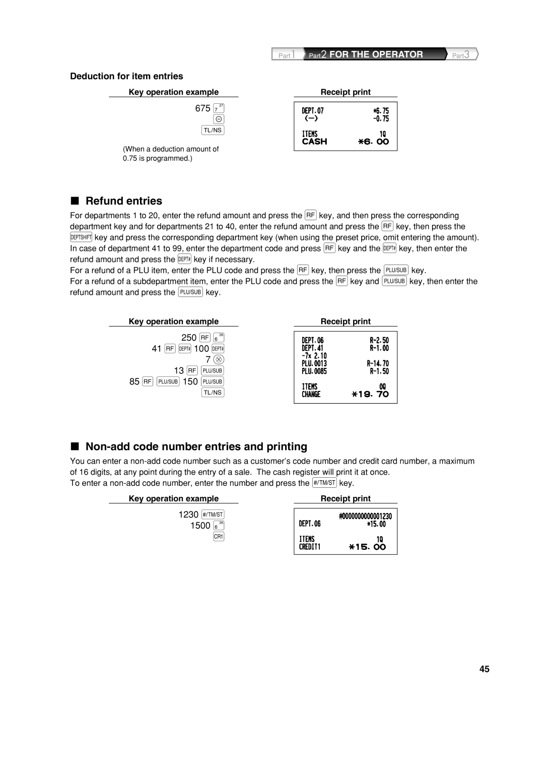 Sharp XE-A303 instruction manual 675 ¶, 250 f§, 13 fp, Refund entries, Non-add code number entries and printing 