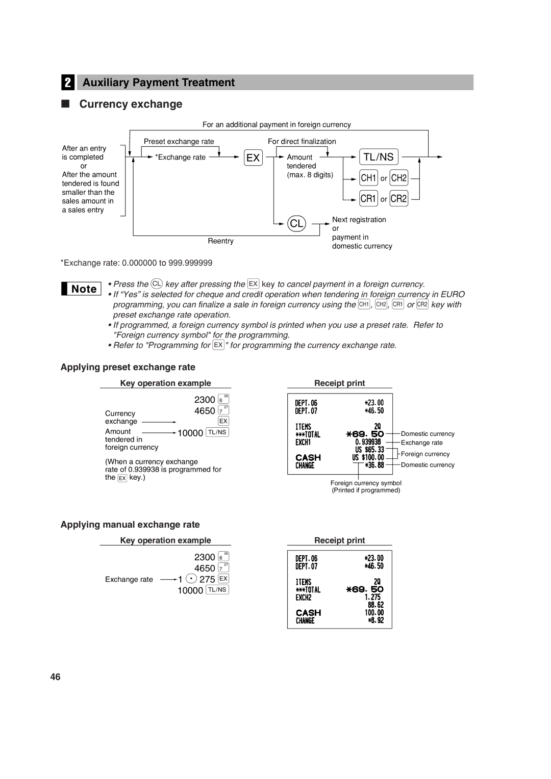 Sharp XE-A303 Auxiliary Payment Treatment Currency exchange, Applying preset exchange rate, Applying manual exchange rate 