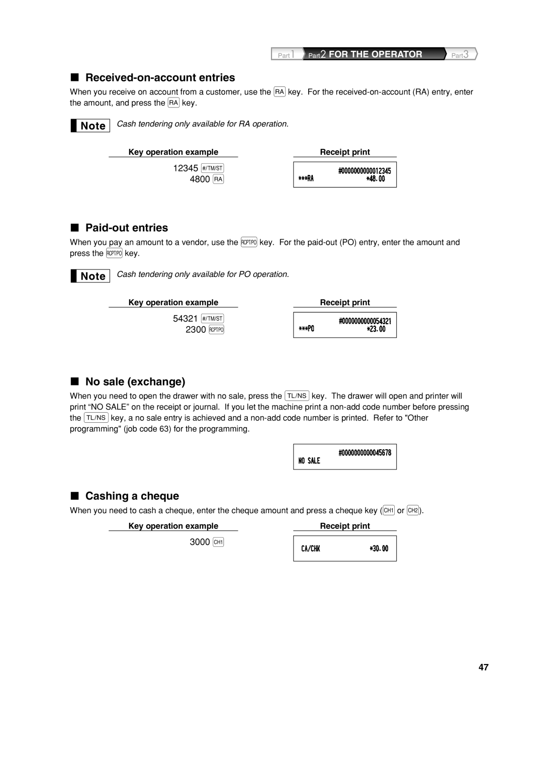 Sharp XE-A303 instruction manual Received-on-account entries, Paid-out entries, No sale exchange, Cashing a cheque 