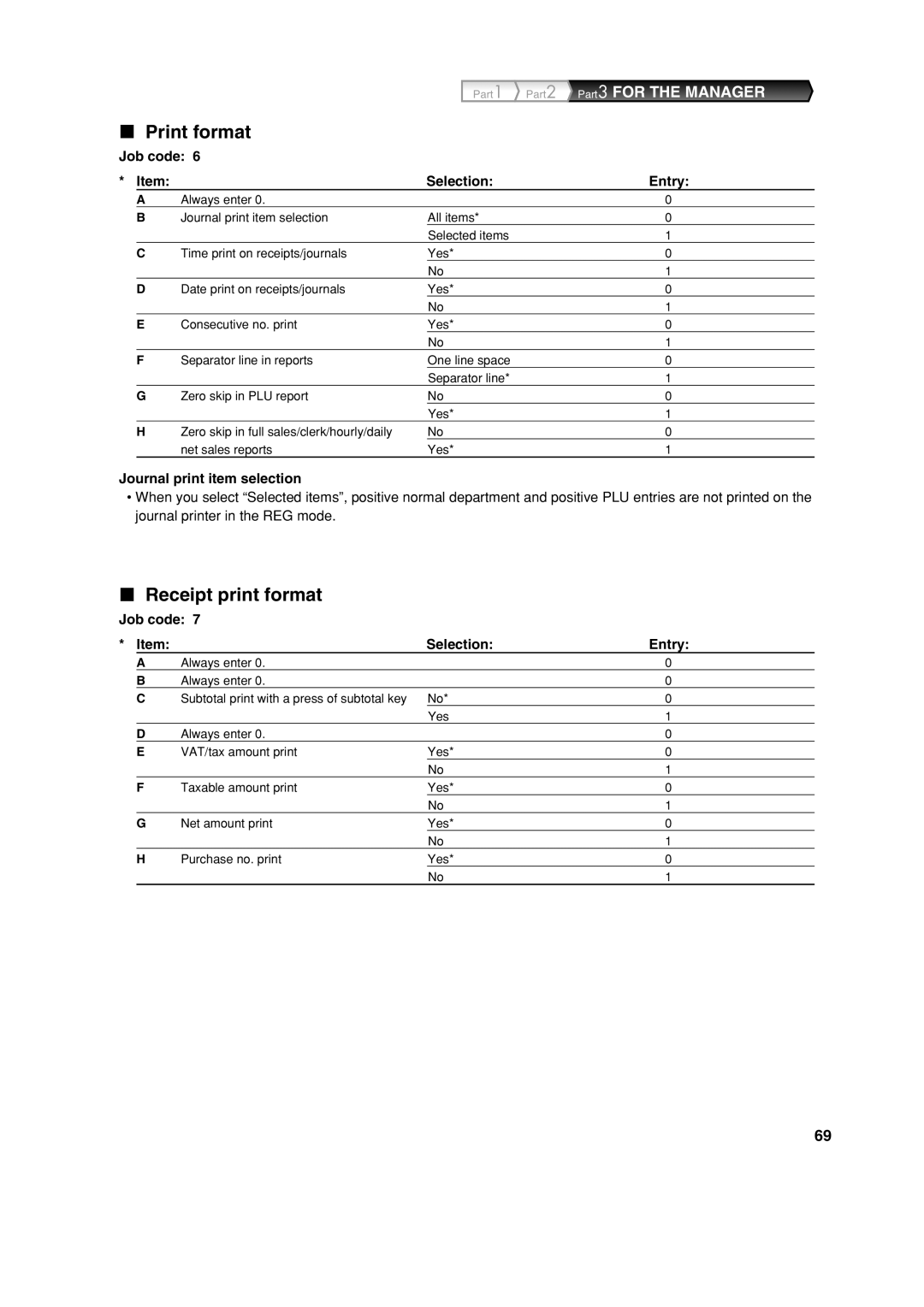 Sharp XE-A303 instruction manual Print format, Receipt print format, Journal print item selection 