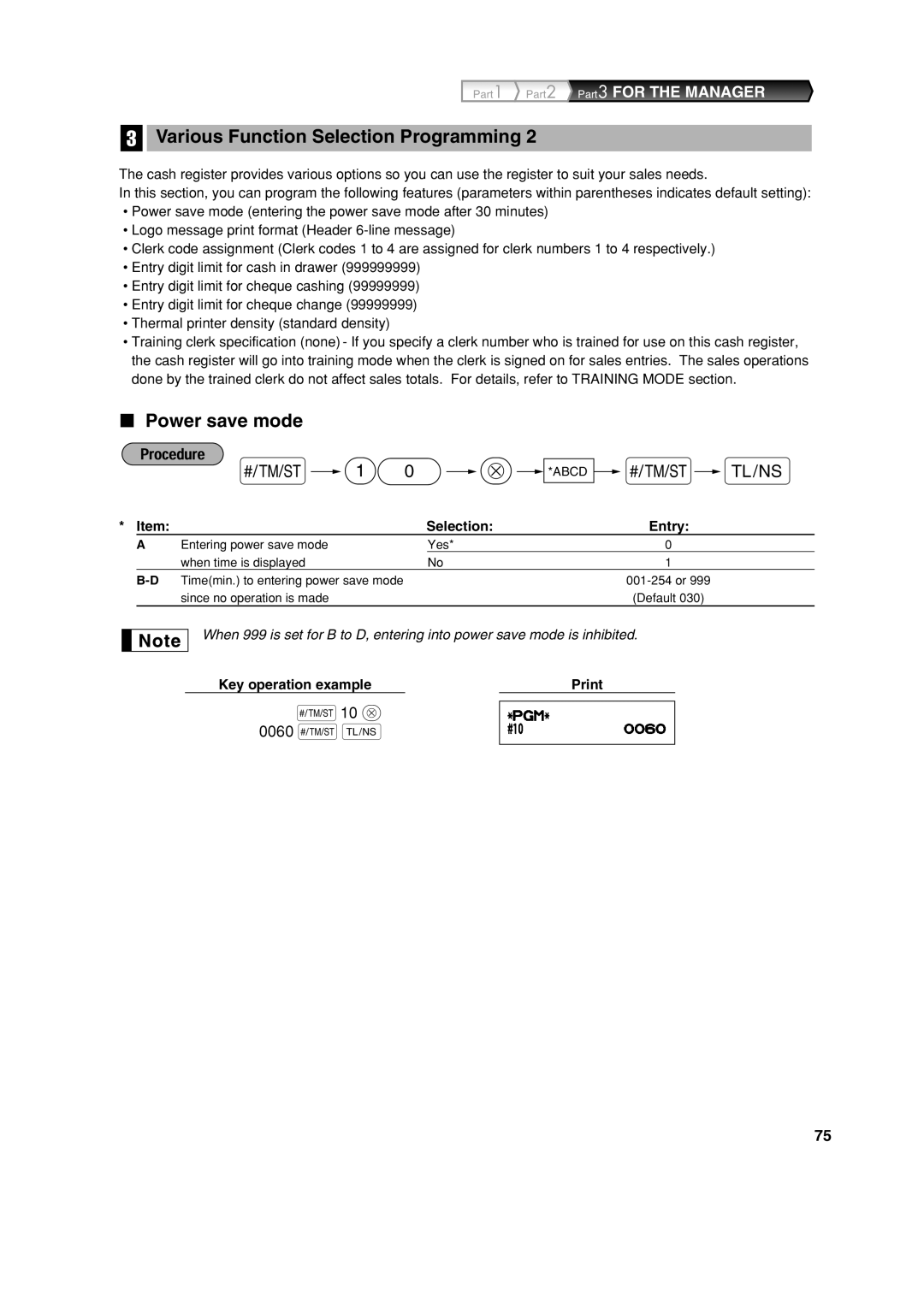 Sharp XE-A303 instruction manual Power save mode, 10 @ 0060 sA, Selection Entry 