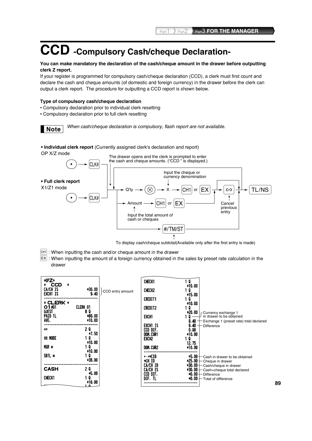 Sharp XE-A303 instruction manual Type of compulsory cash/cheque declaration, Full clerk report X1/Z1 mode 