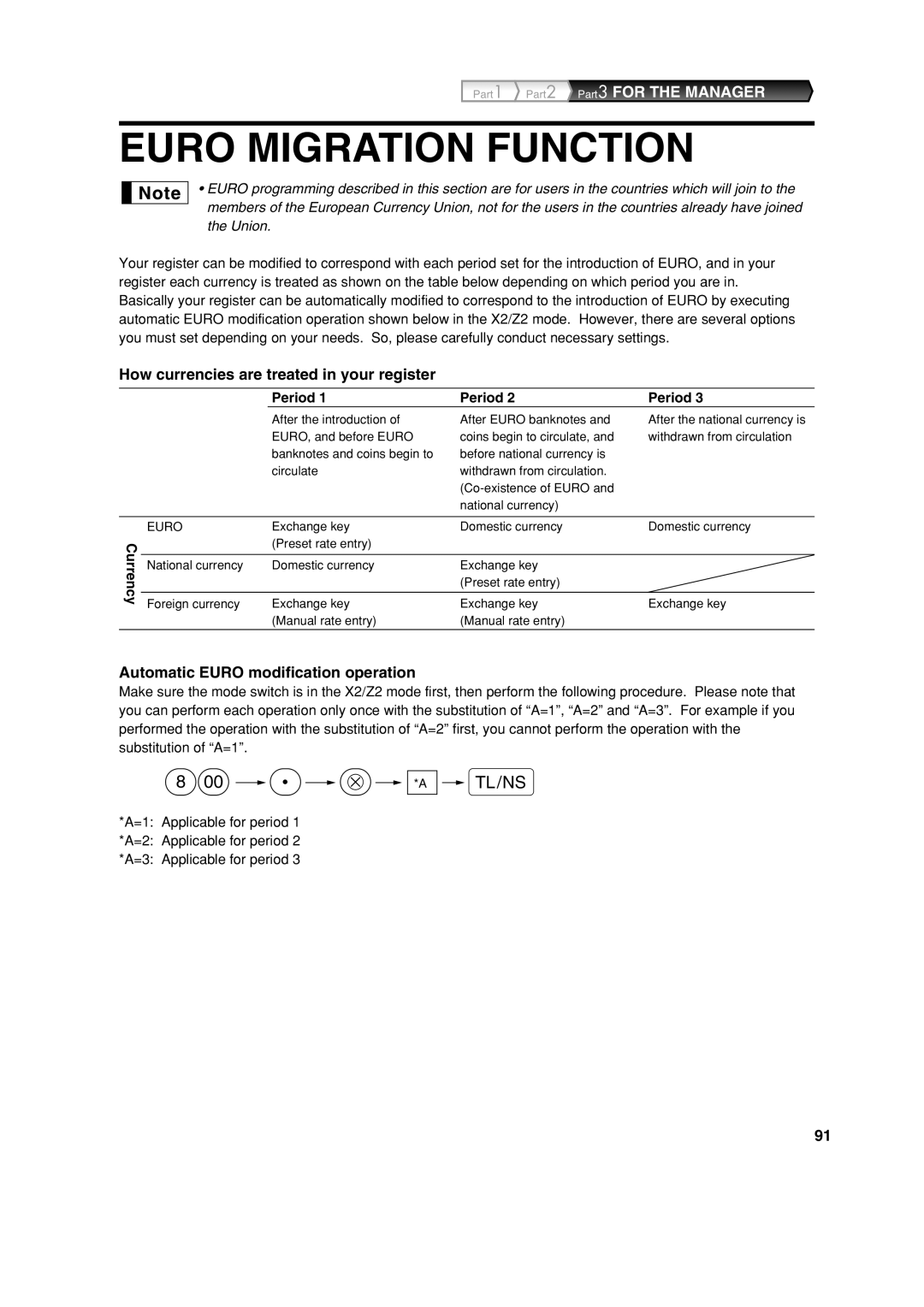 Sharp XE-A303 Euro Migration Function, How currencies are treated in your register, Automatic Euro modification operation 